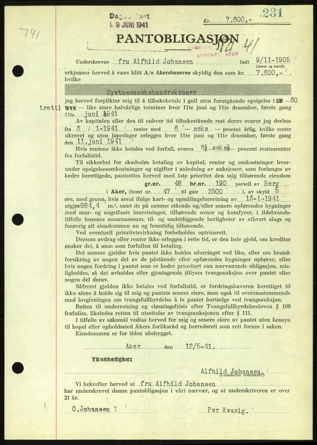 Aker herredsskriveri, SAO/A-10896/G/Gb/Gba/Gbac/L0022: Mortgage book no. B180-181, 1941-1941, Diary no: : 5821/1941