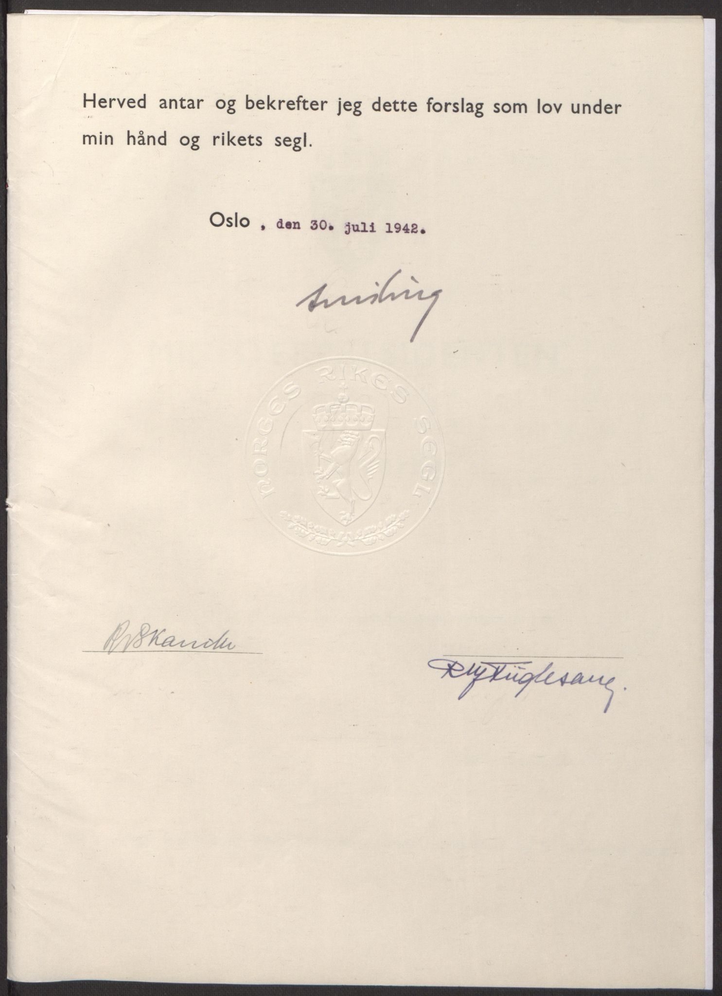 NS-administrasjonen 1940-1945 (Statsrådsekretariatet, de kommisariske statsråder mm), AV/RA-S-4279/D/Db/L0098: Lover II, 1942, p. 247