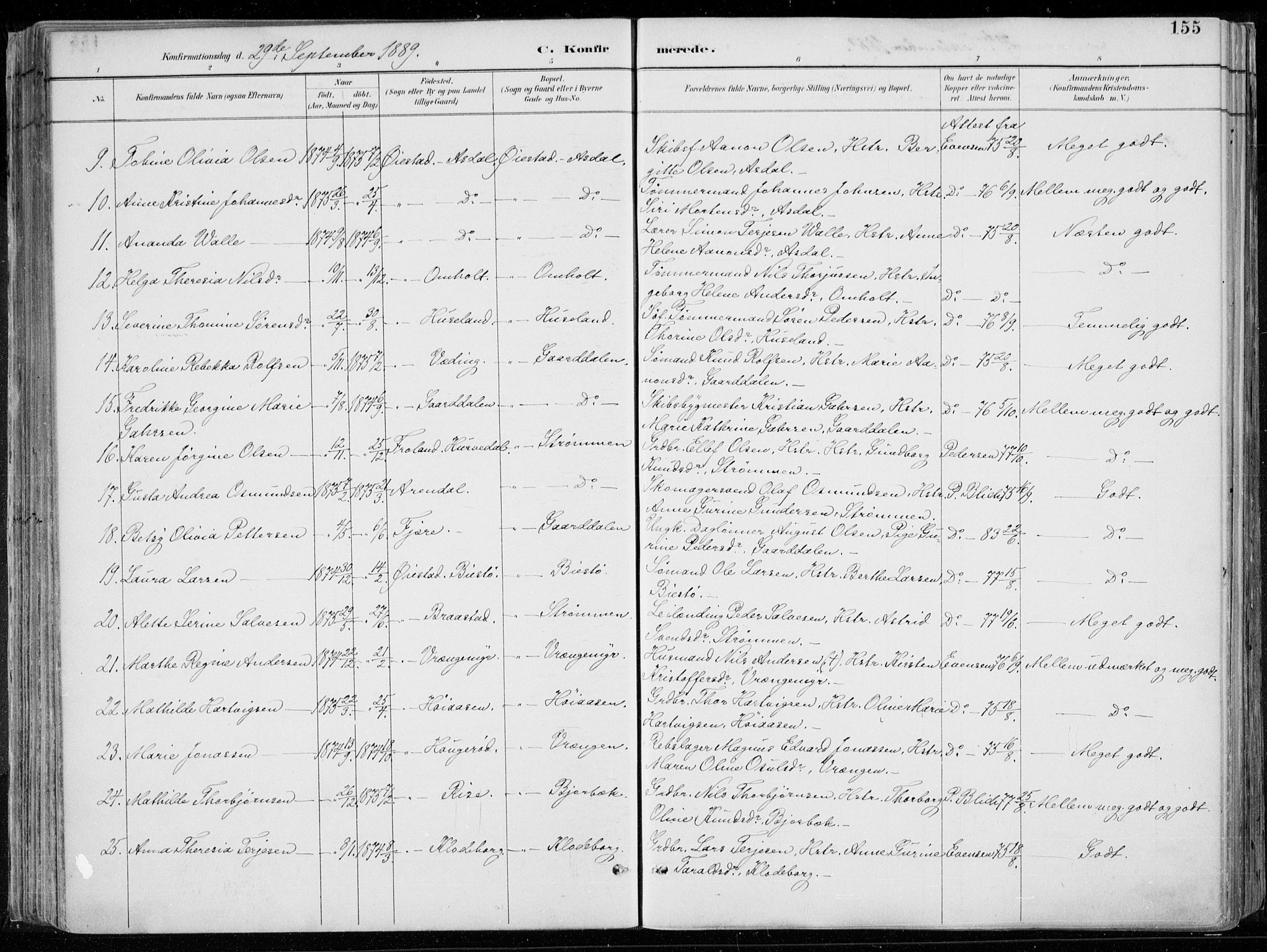 Øyestad sokneprestkontor, AV/SAK-1111-0049/F/Fa/L0017: Parish register (official) no. A 17, 1887-1896, p. 155