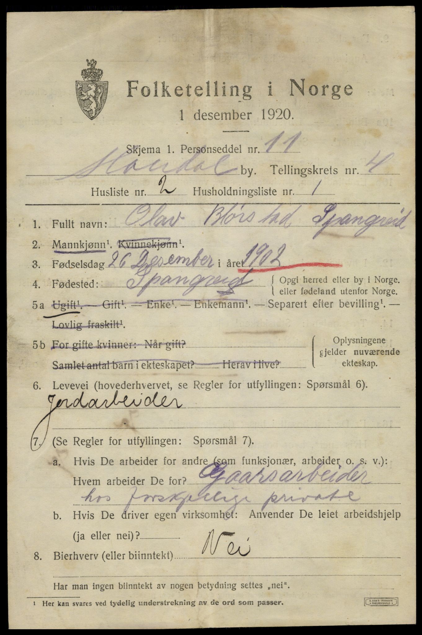 SAK, 1920 census for Mandal, 1920, p. 7045