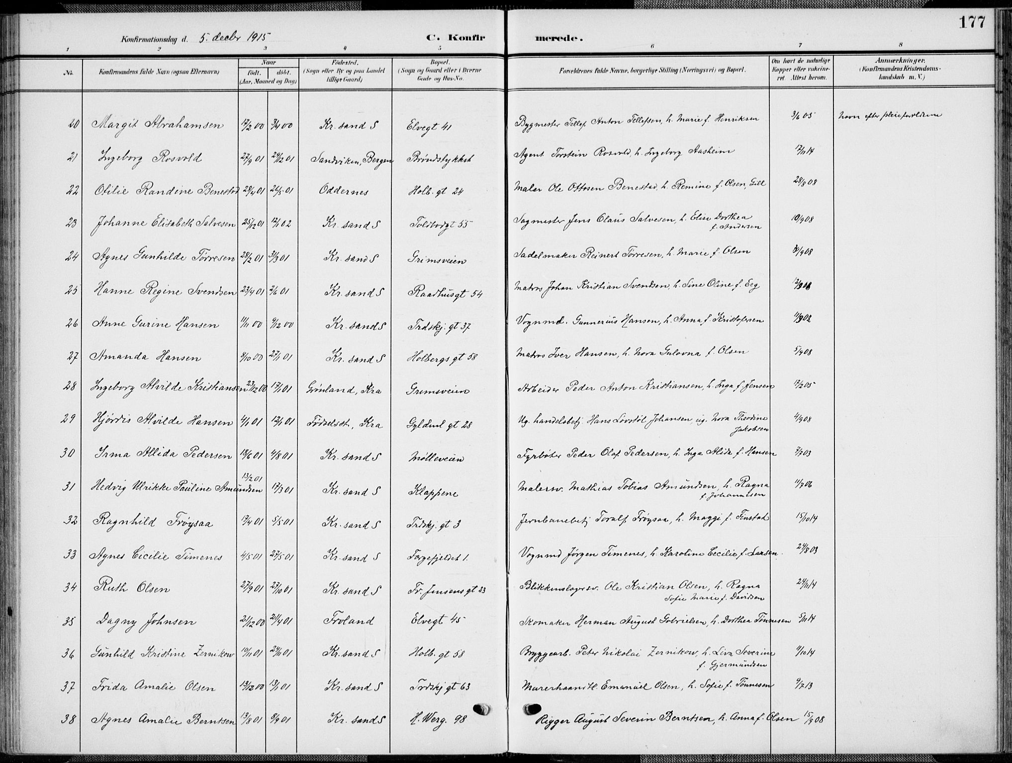 Kristiansand domprosti, SAK/1112-0006/F/Fa/L0022: Parish register (official) no. A 21, 1905-1916, p. 177