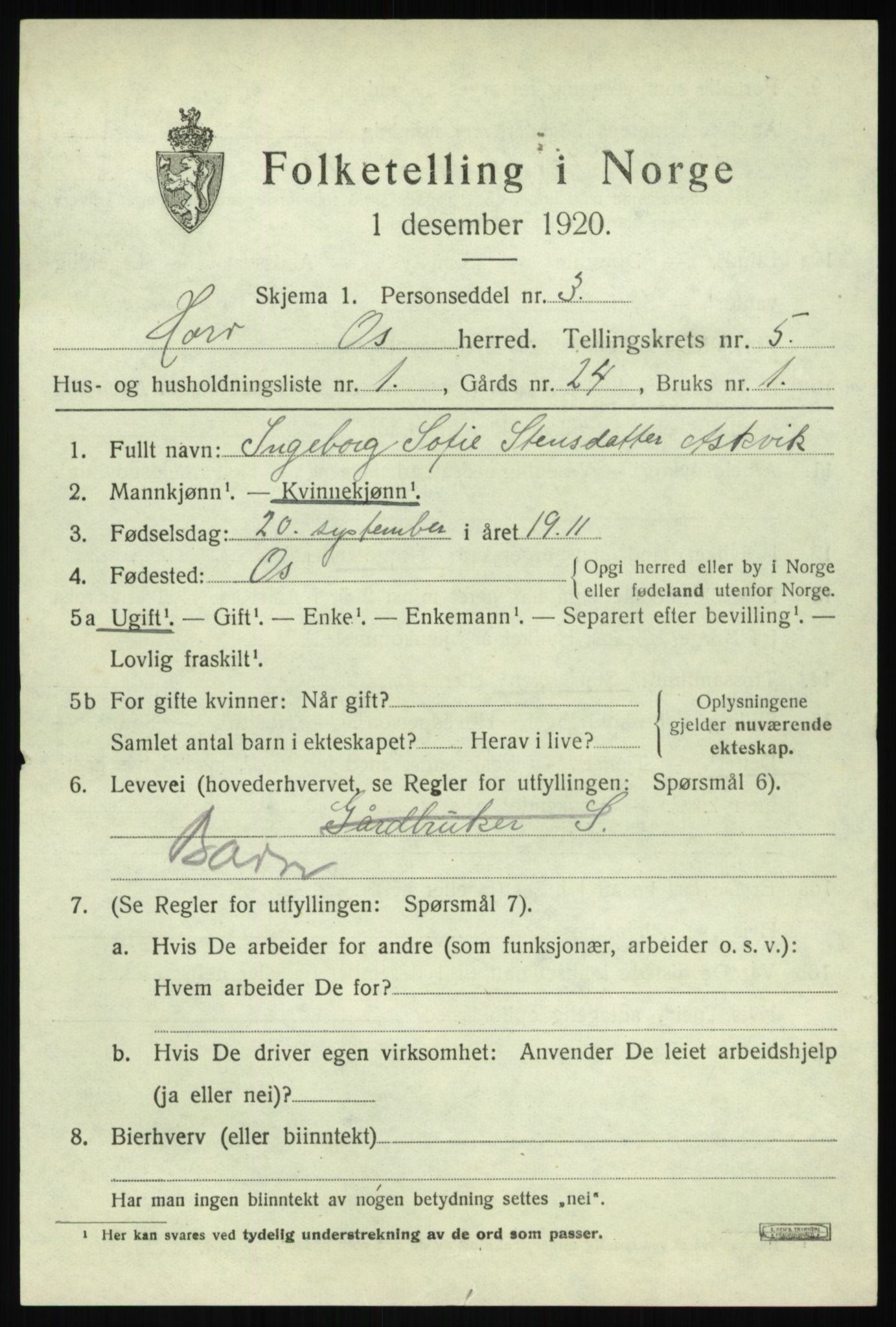 SAB, 1920 census for Os, 1920, p. 3674