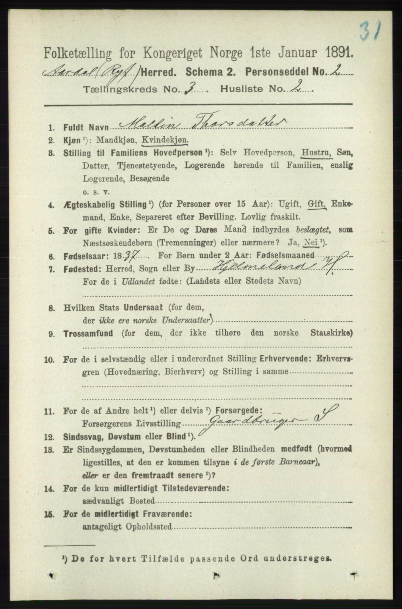 RA, 1891 census for 1131 Årdal, 1891, p. 831