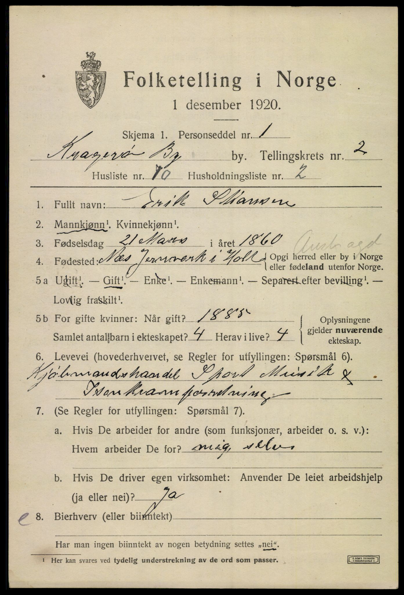 SAKO, 1920 census for Kragerø, 1920, p. 5433
