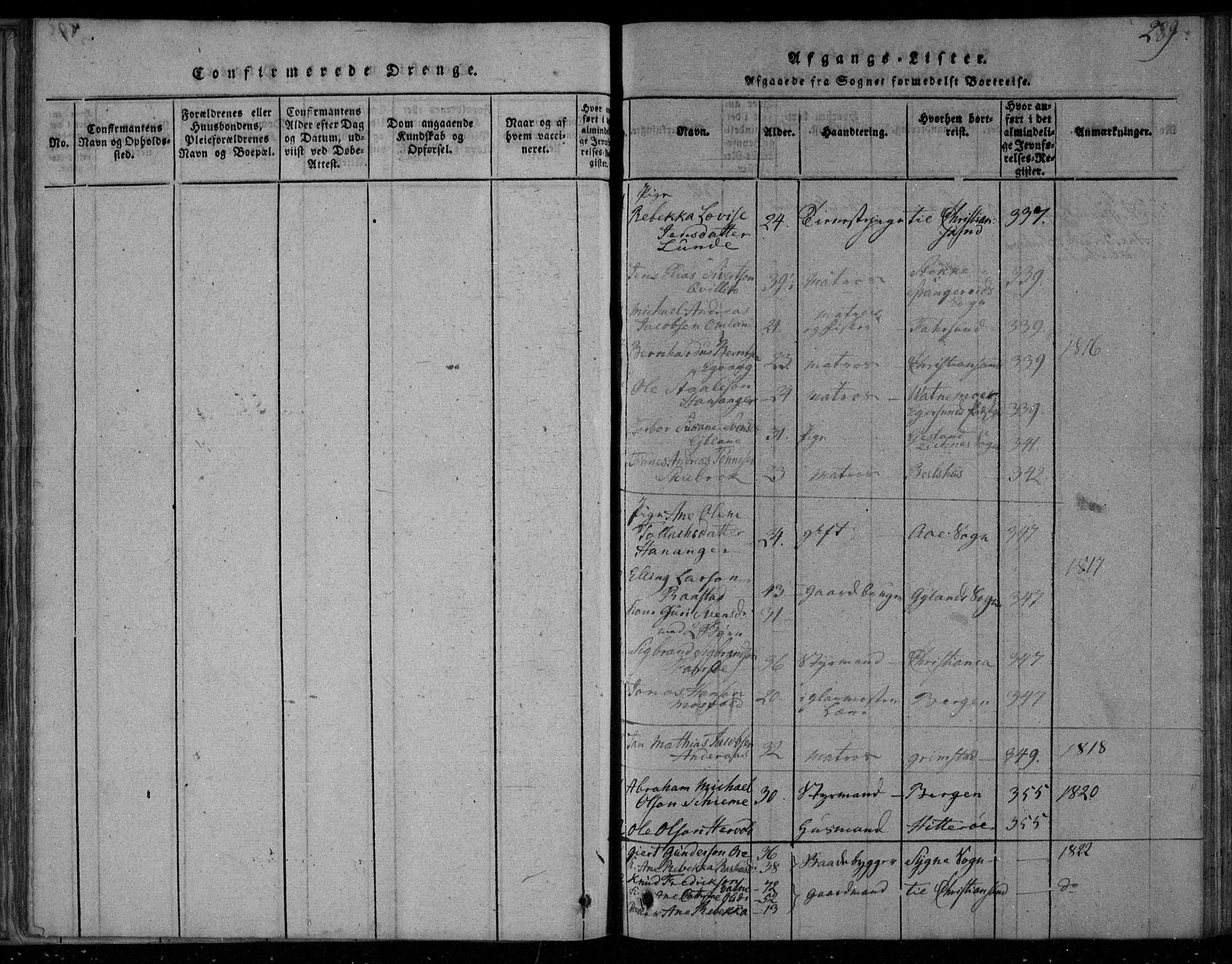 Lista sokneprestkontor, SAK/1111-0027/F/Fa/L0007: Parish register (official) no. A 7, 1816-1823, p. 289