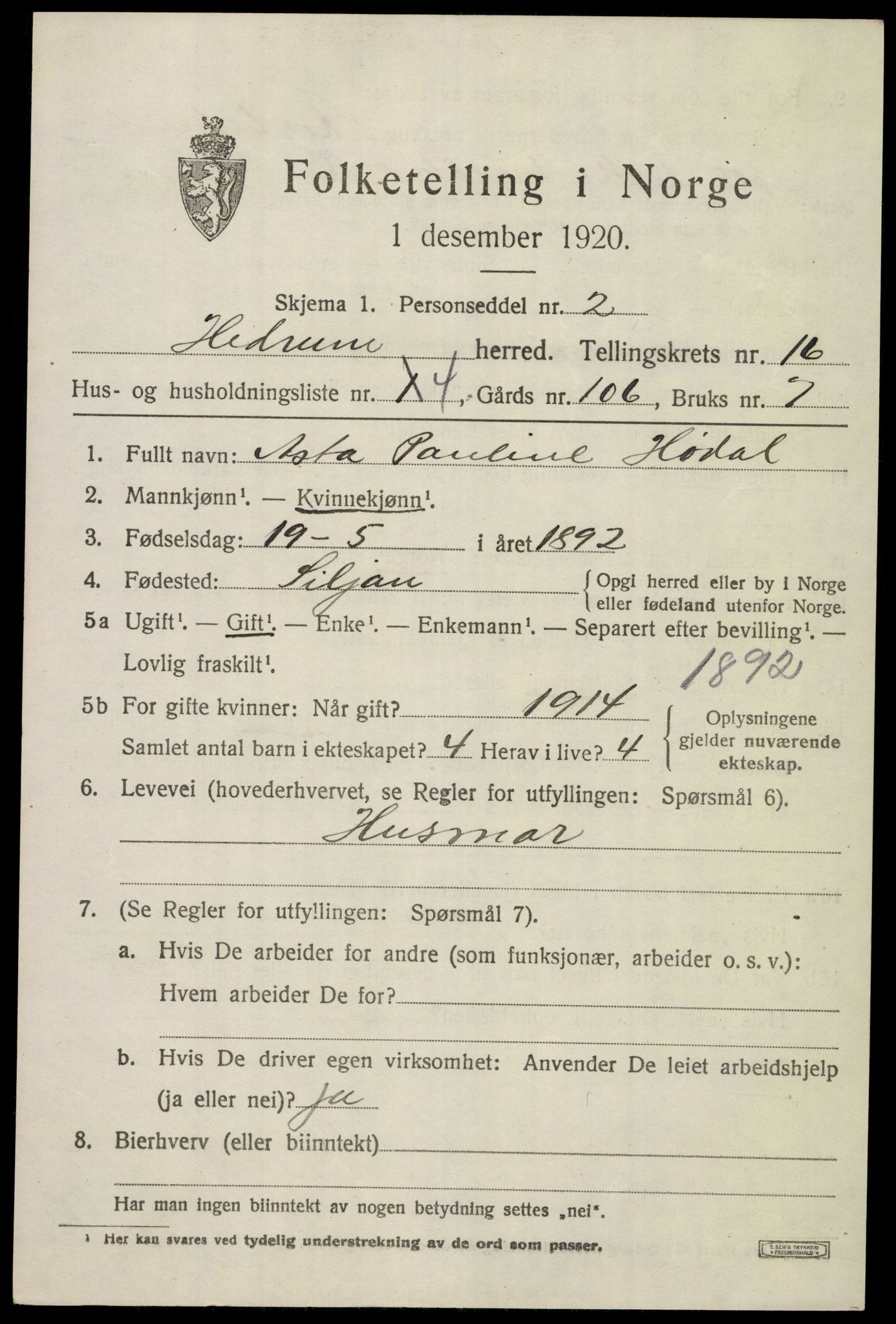 SAKO, 1920 census for Hedrum, 1920, p. 10275