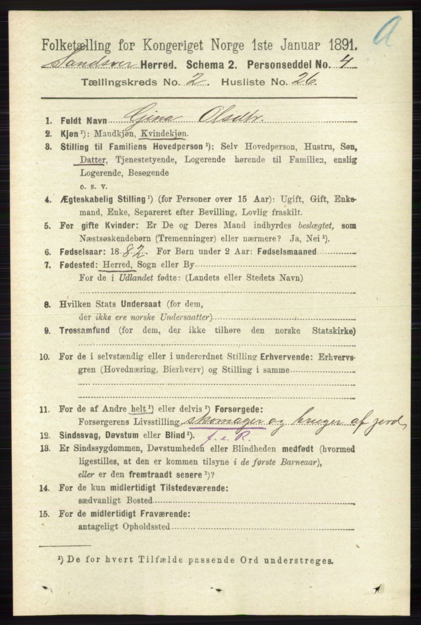 RA, 1891 census for 0629 Sandsvær, 1891, p. 835