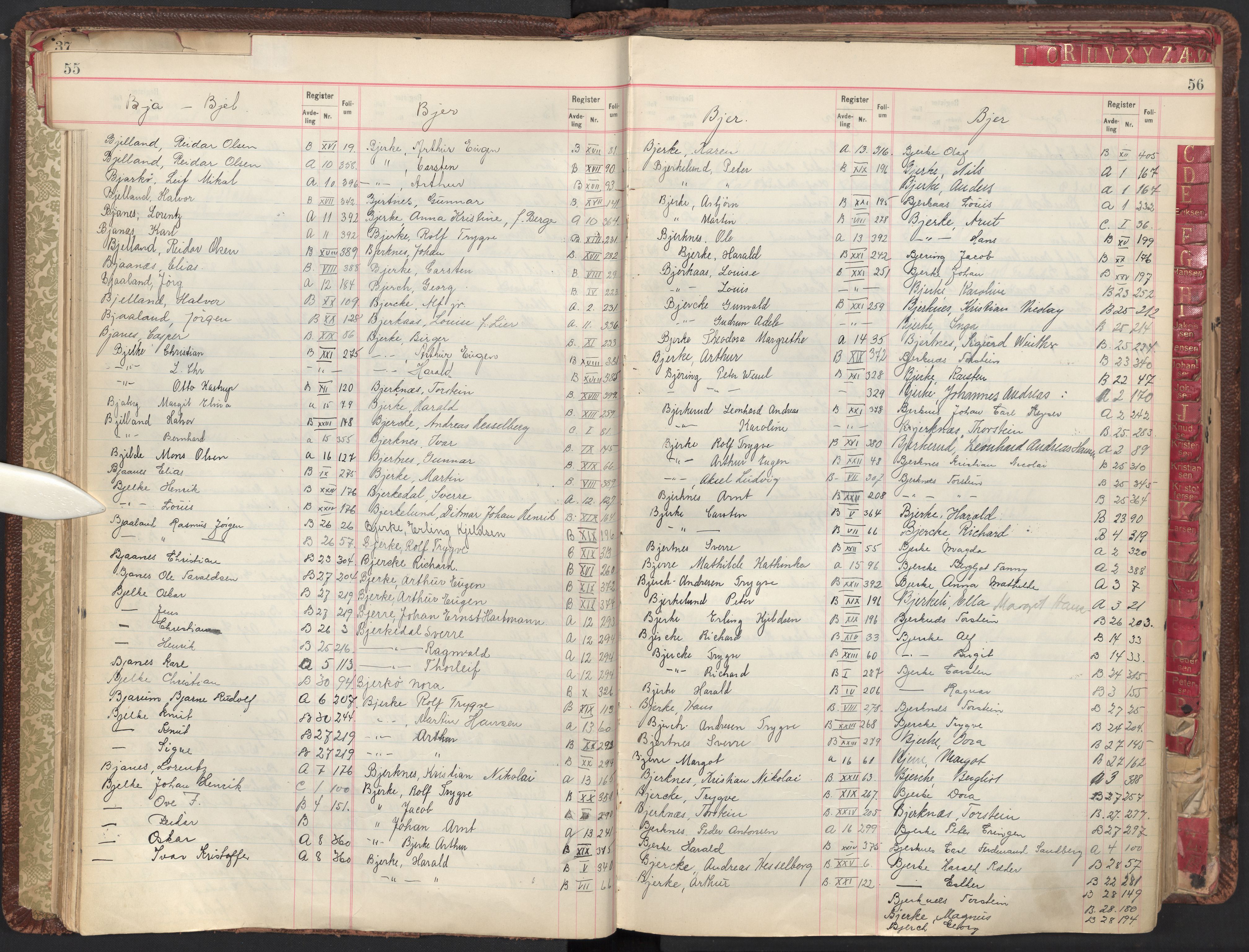 Oslo byfogd avd. II, AV/SAO-A-10942/G/Ga/Gab/L0003: Personregister: A 1-17, B 1-33, C 1-2, 1921, p. 55-56