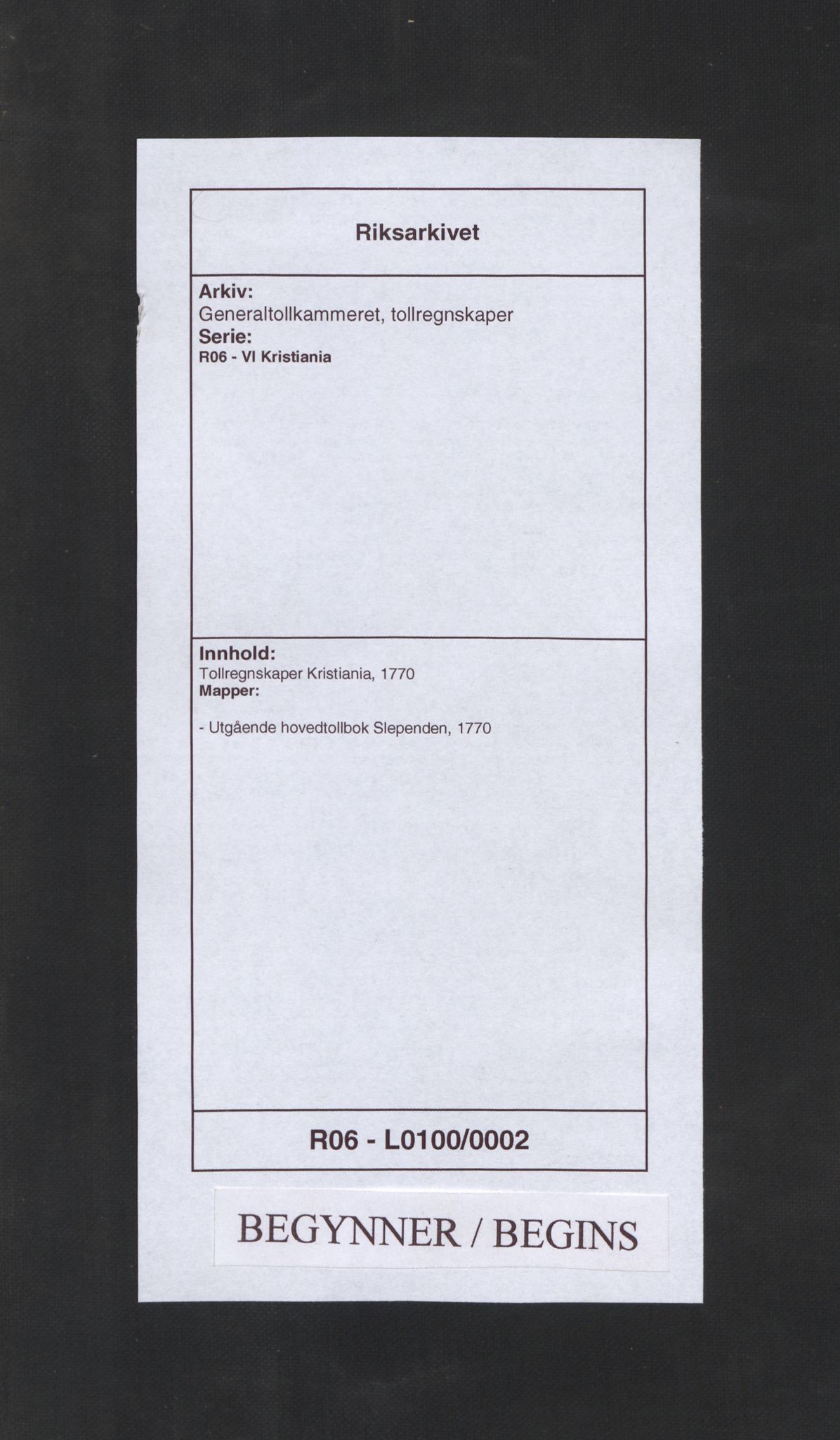 Generaltollkammeret, tollregnskaper, RA/EA-5490/R06/L0100/0002: Tollregnskaper Kristiania / Utgående hovedtollbok Slependen, 1770