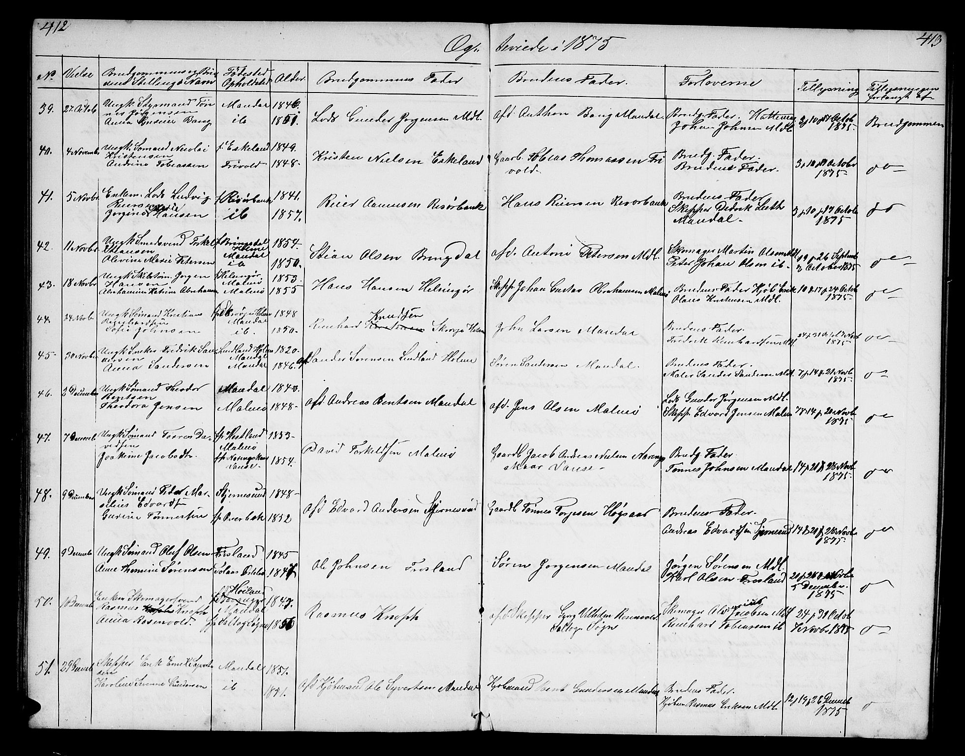 Mandal sokneprestkontor, AV/SAK-1111-0030/F/Fb/Fba/L0009: Parish register (copy) no. B 3, 1867-1877, p. 412-413