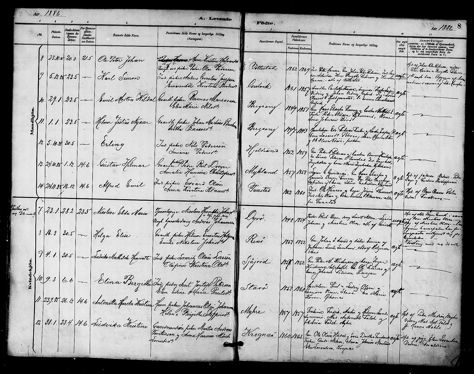 Ministerialprotokoller, klokkerbøker og fødselsregistre - Nordland, AV/SAT-A-1459/893/L1337: Parish register (official) no. 893A09, 1885-1893, p. 8