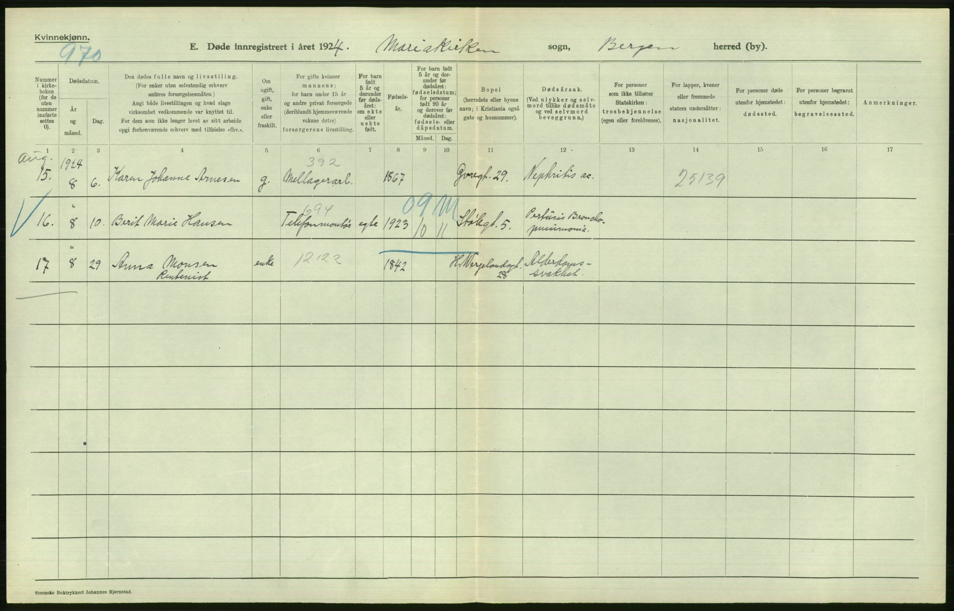 Statistisk sentralbyrå, Sosiodemografiske emner, Befolkning, AV/RA-S-2228/D/Df/Dfc/Dfcd/L0028: Bergen: Gifte, døde., 1924, p. 758