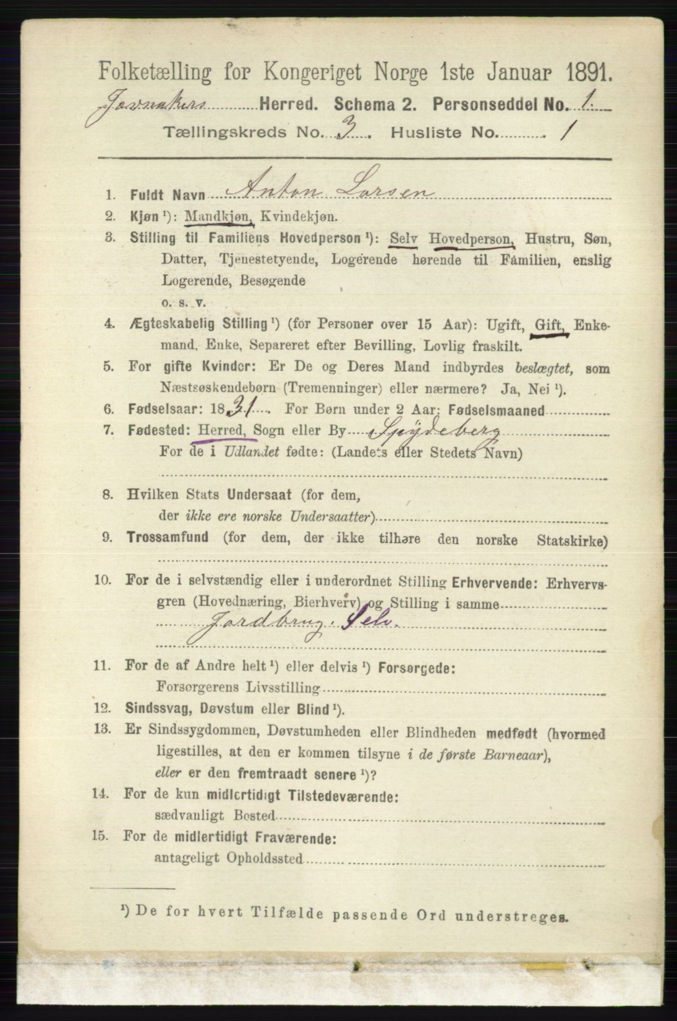 RA, 1891 census for 0532 Jevnaker, 1891, p. 1163