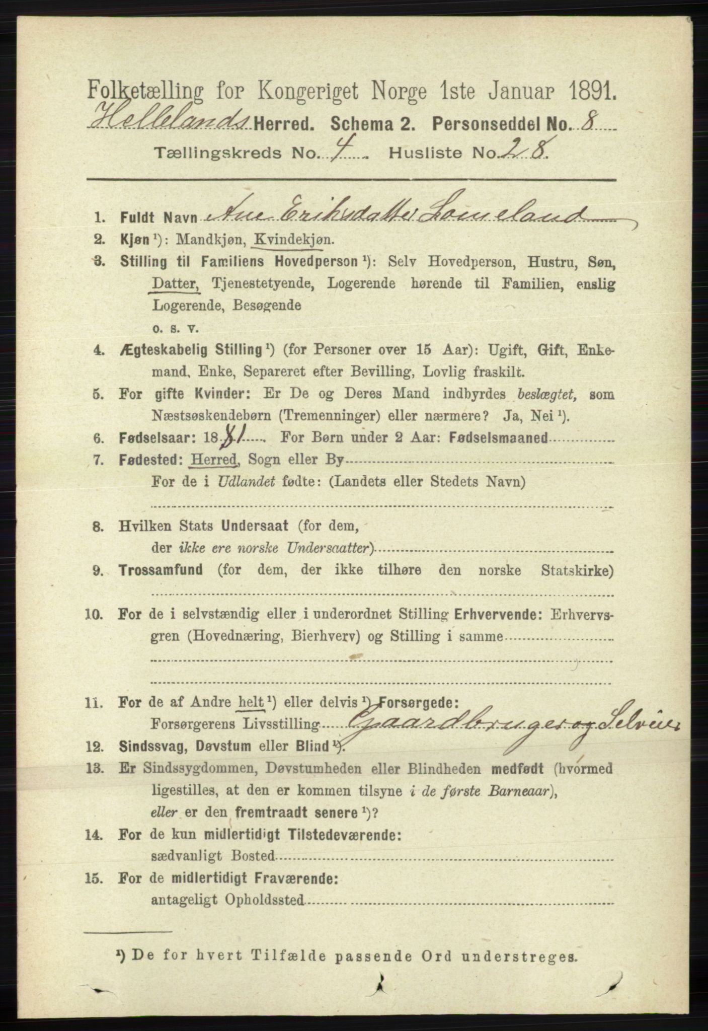 RA, 1891 census for 1115 Helleland, 1891, p. 1333
