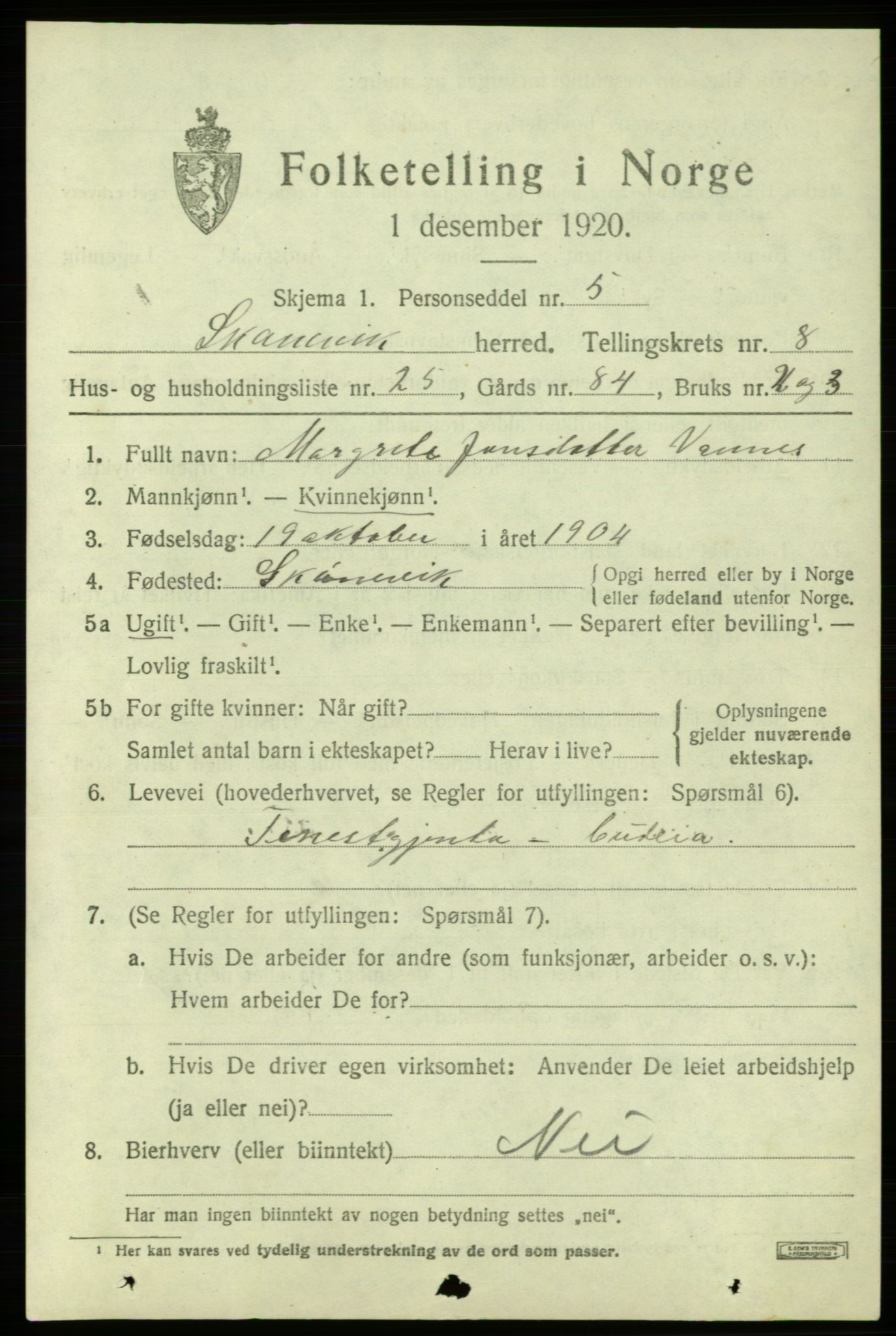 SAB, 1920 census for Skånevik, 1920, p. 4835