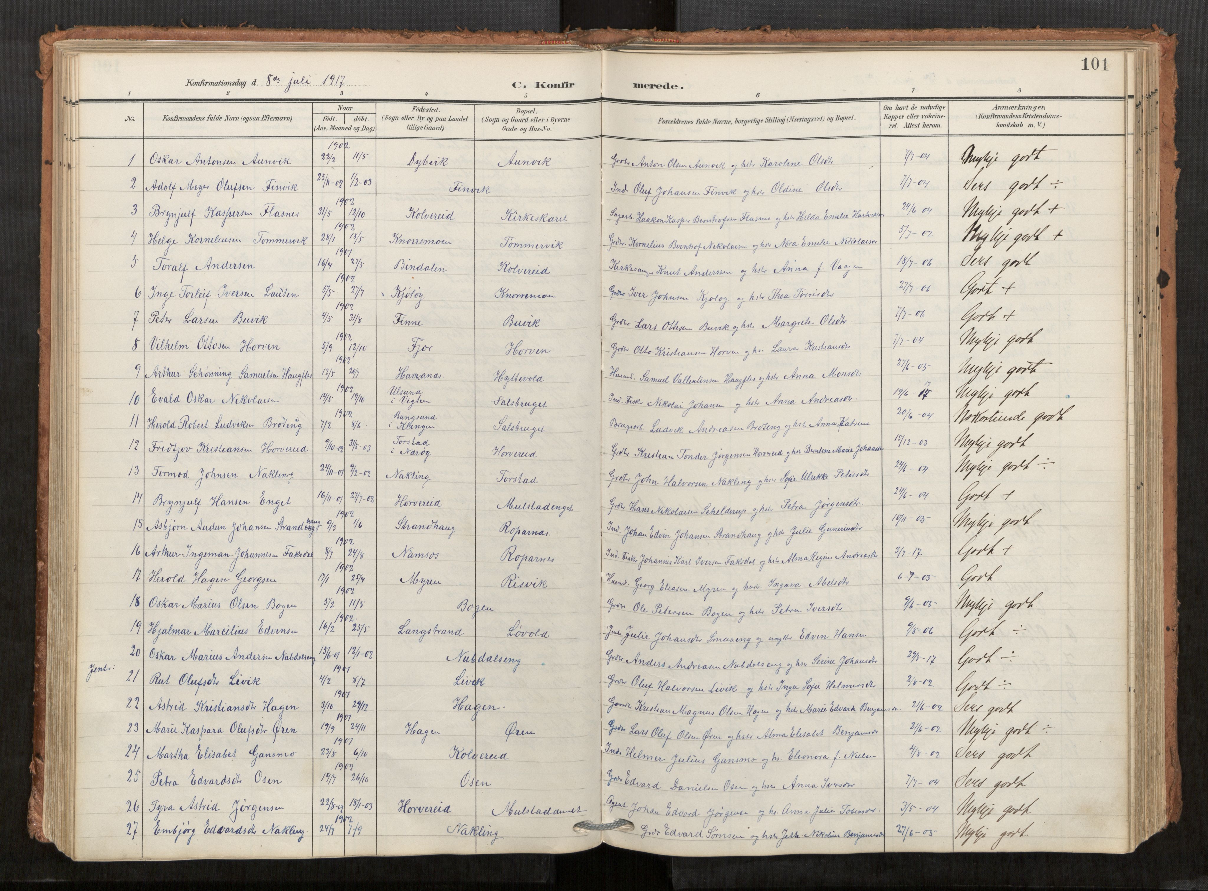 Kolvereid sokneprestkontor, SAT/A-1171/H/Ha/Haa/L0001: Parish register (official) no. 1, 1903-1922, p. 101