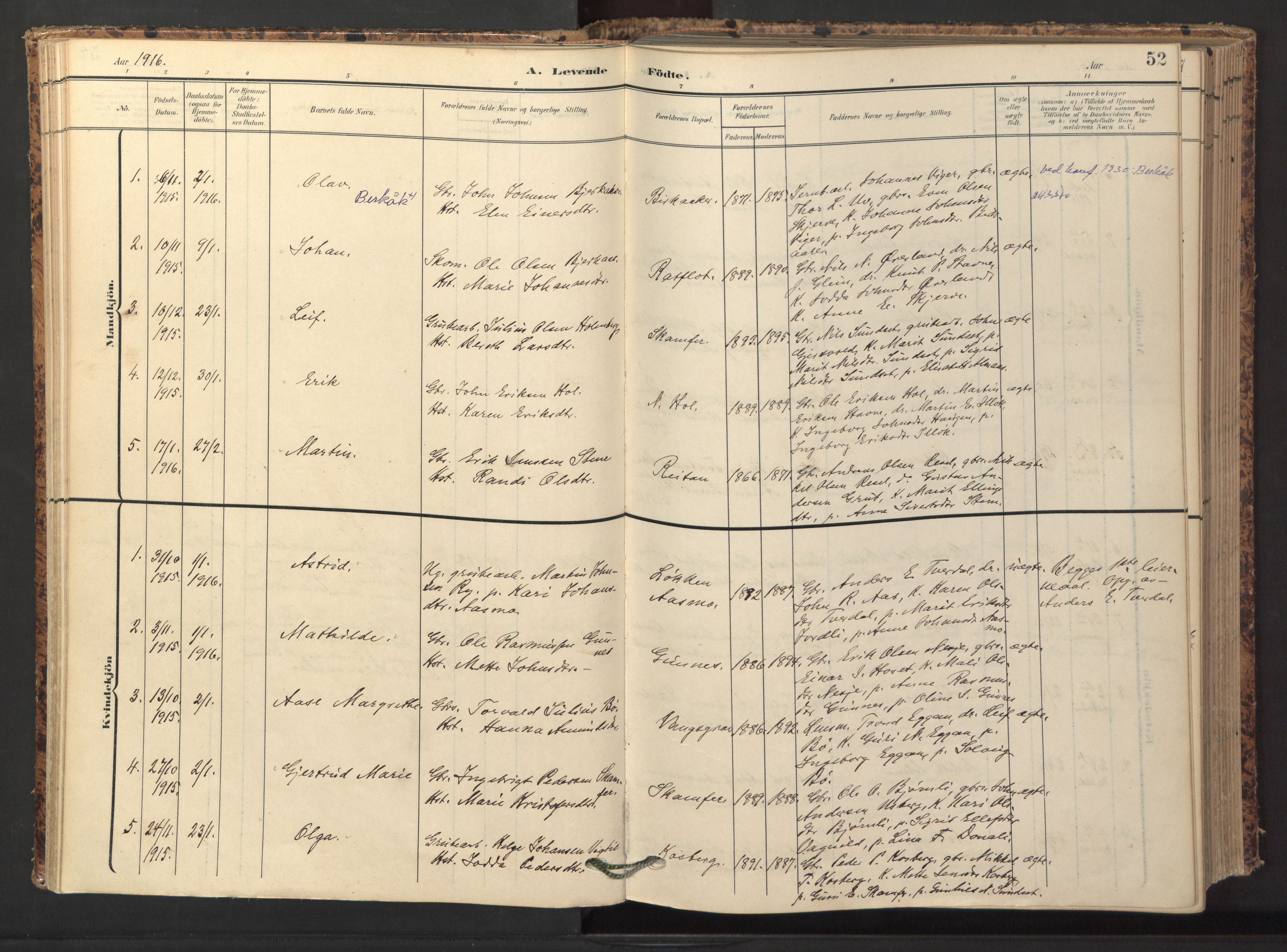 Ministerialprotokoller, klokkerbøker og fødselsregistre - Sør-Trøndelag, AV/SAT-A-1456/674/L0873: Parish register (official) no. 674A05, 1908-1923, p. 52