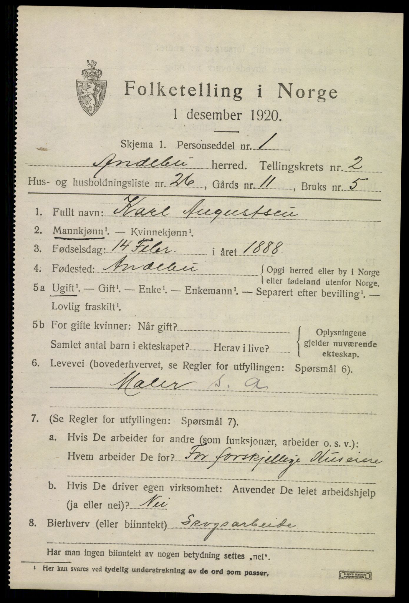 SAKO, 1920 census for Andebu, 1920, p. 1832