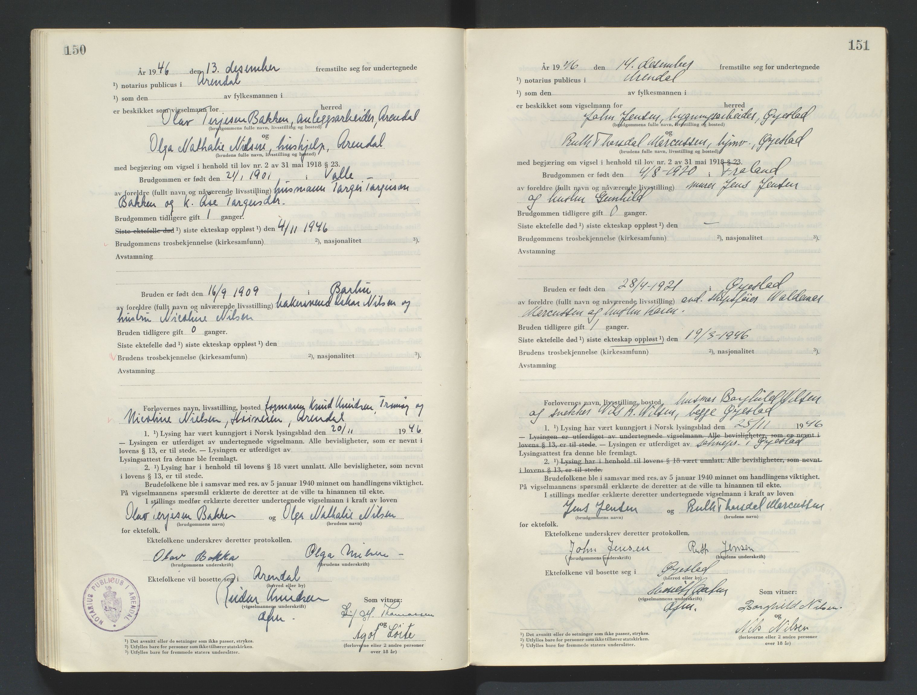 Nedenes sorenskriveri, SAK/1221-0006/L/Ld/L0002/0004: Vigselsbøker / Vigselbok, 1944-1948, p. 150-151