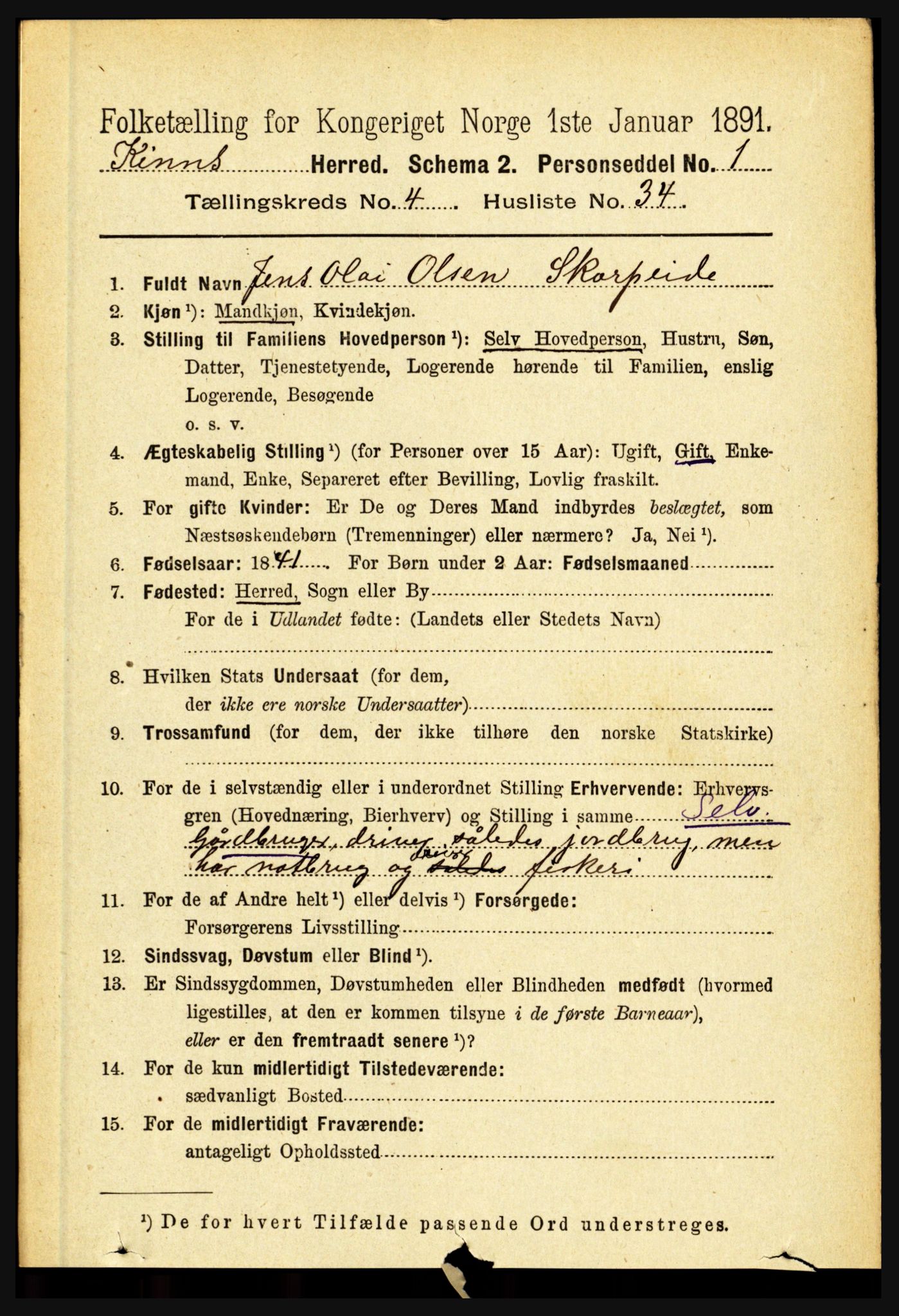 RA, 1891 census for 1437 Kinn, 1891, p. 1513