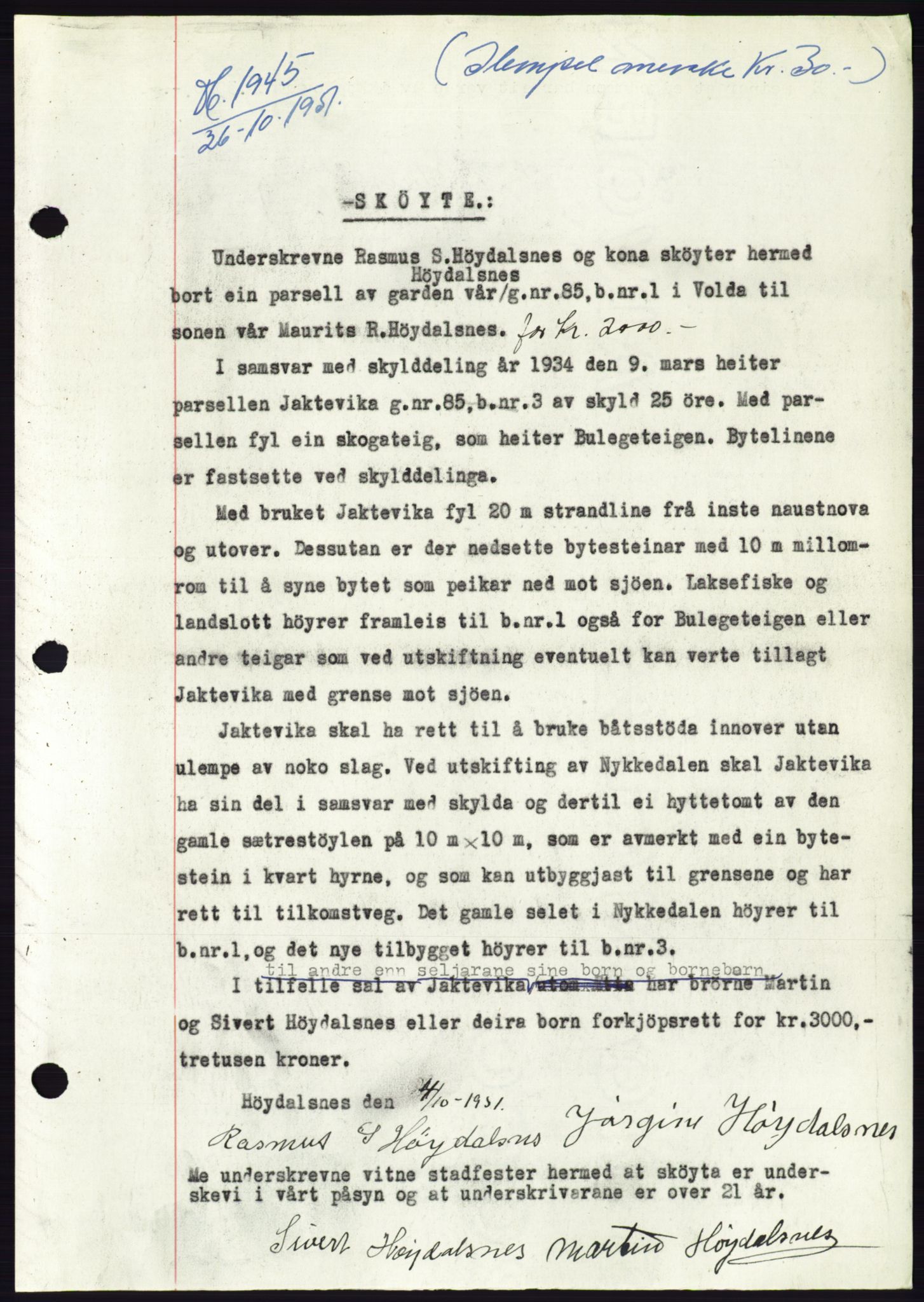 Søre Sunnmøre sorenskriveri, AV/SAT-A-4122/1/2/2C/L0090: Mortgage book no. 16A, 1951-1951, Diary no: : 1945/1951