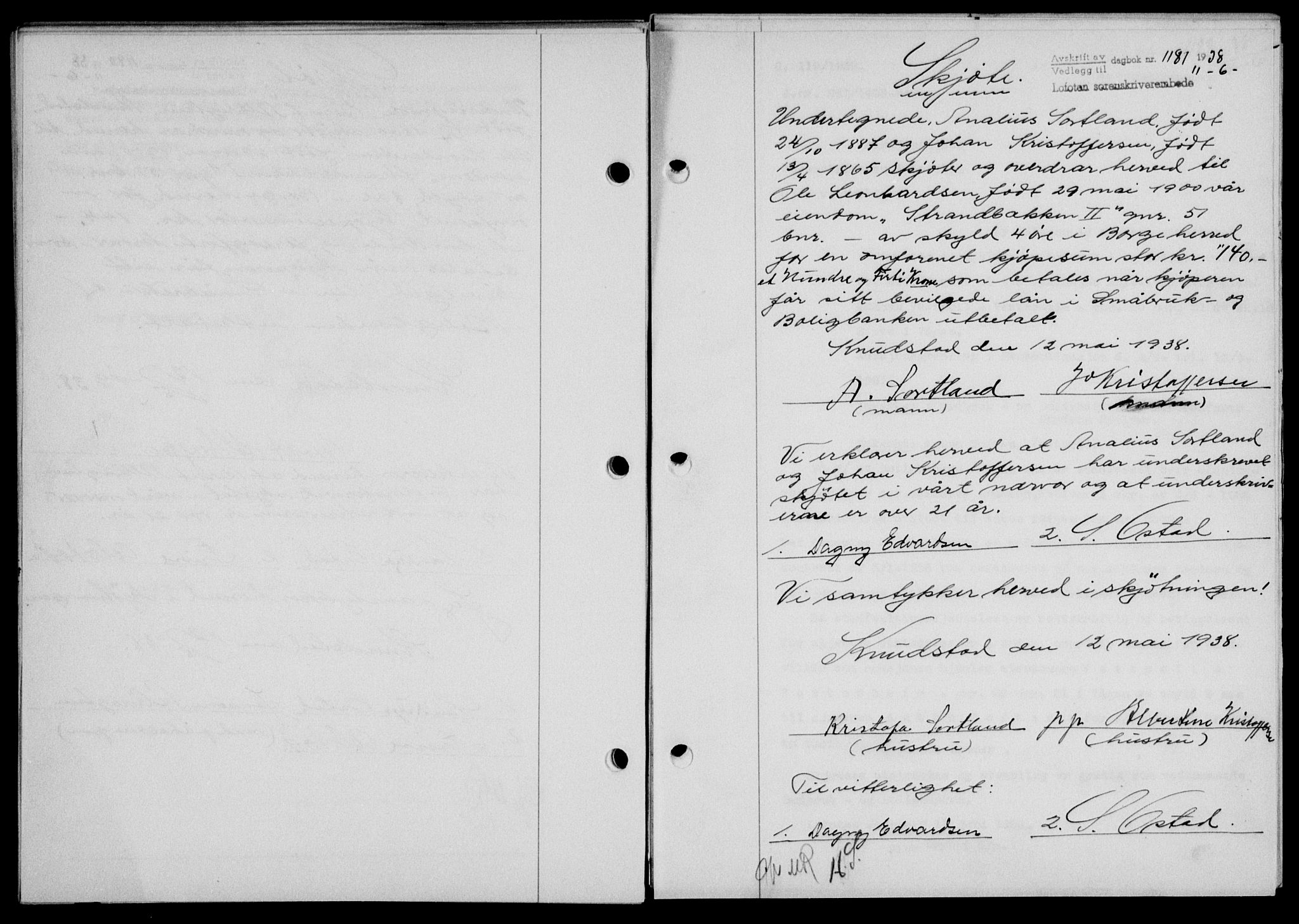 Lofoten sorenskriveri, SAT/A-0017/1/2/2C/L0004a: Mortgage book no. 4a, 1938-1938, Diary no: : 1181/1938