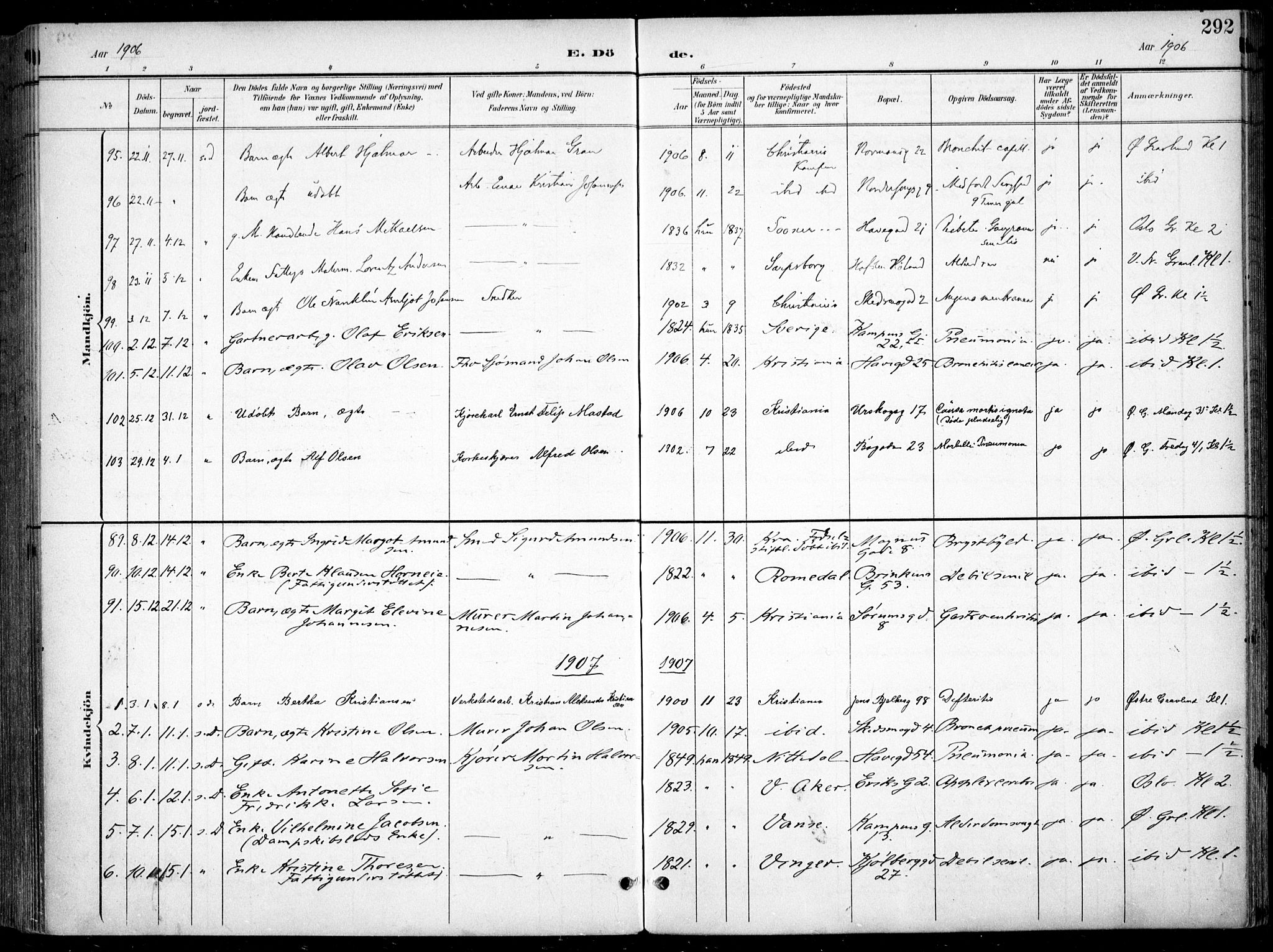 Kampen prestekontor Kirkebøker, SAO/A-10853/F/Fa/L0009: Parish register (official) no. I 9, 1899-1911, p. 292