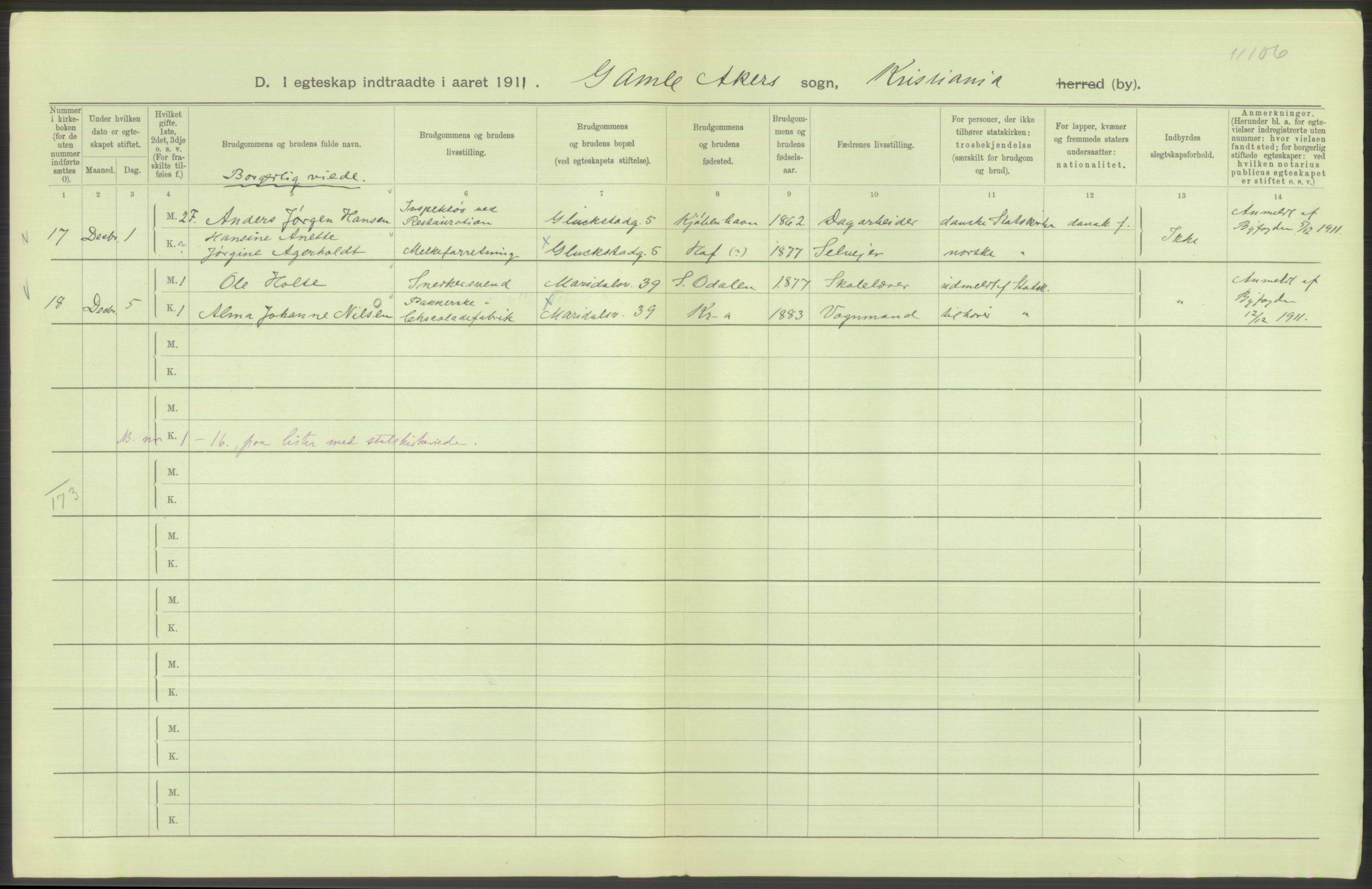 Statistisk sentralbyrå, Sosiodemografiske emner, Befolkning, AV/RA-S-2228/D/Df/Dfb/Dfba/L0008: Kristiania: Gifte, 1911, p. 658