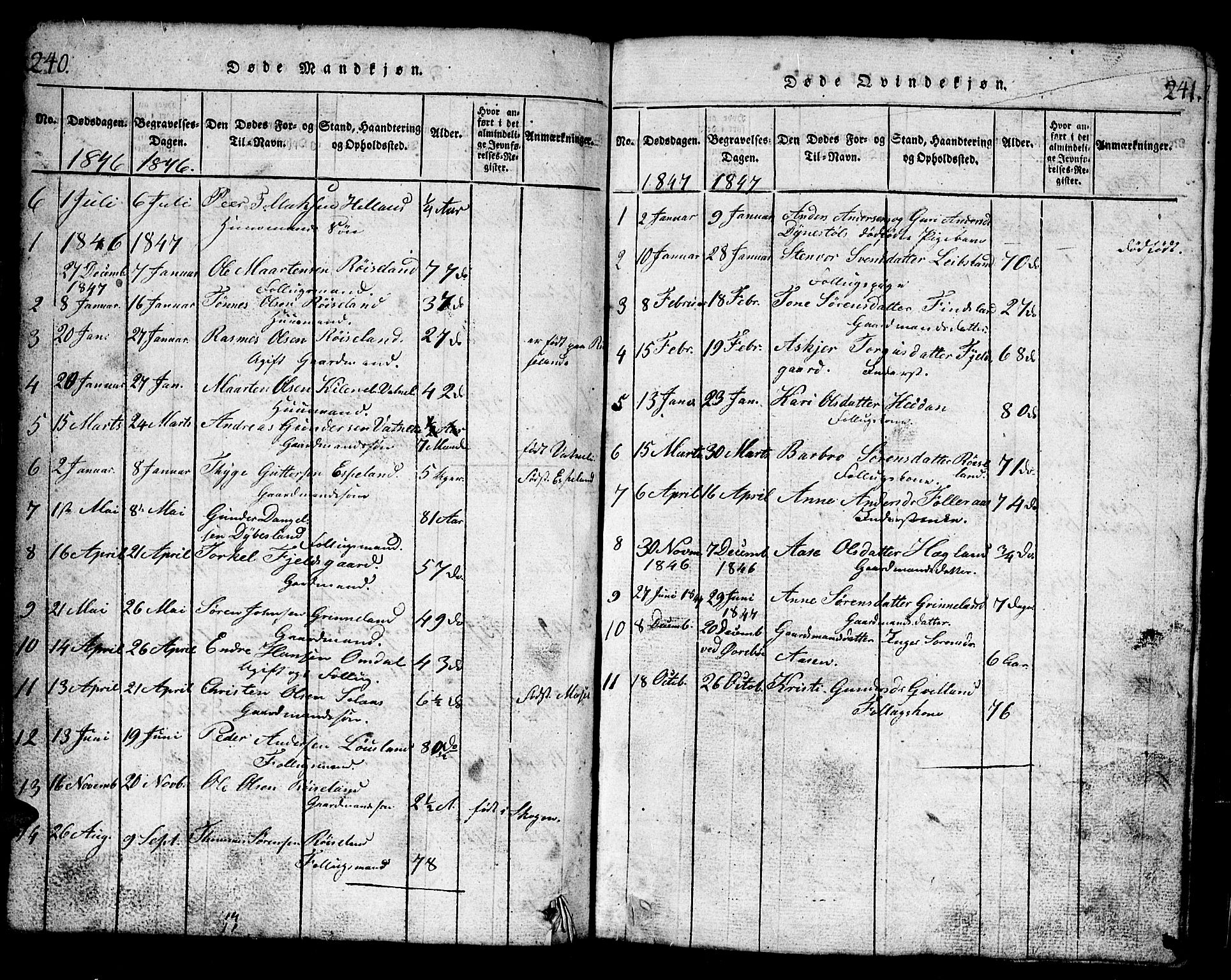 Bjelland sokneprestkontor, SAK/1111-0005/F/Fb/Fbb/L0003: Parish register (copy) no. B 3, 1816-1868, p. 240-241
