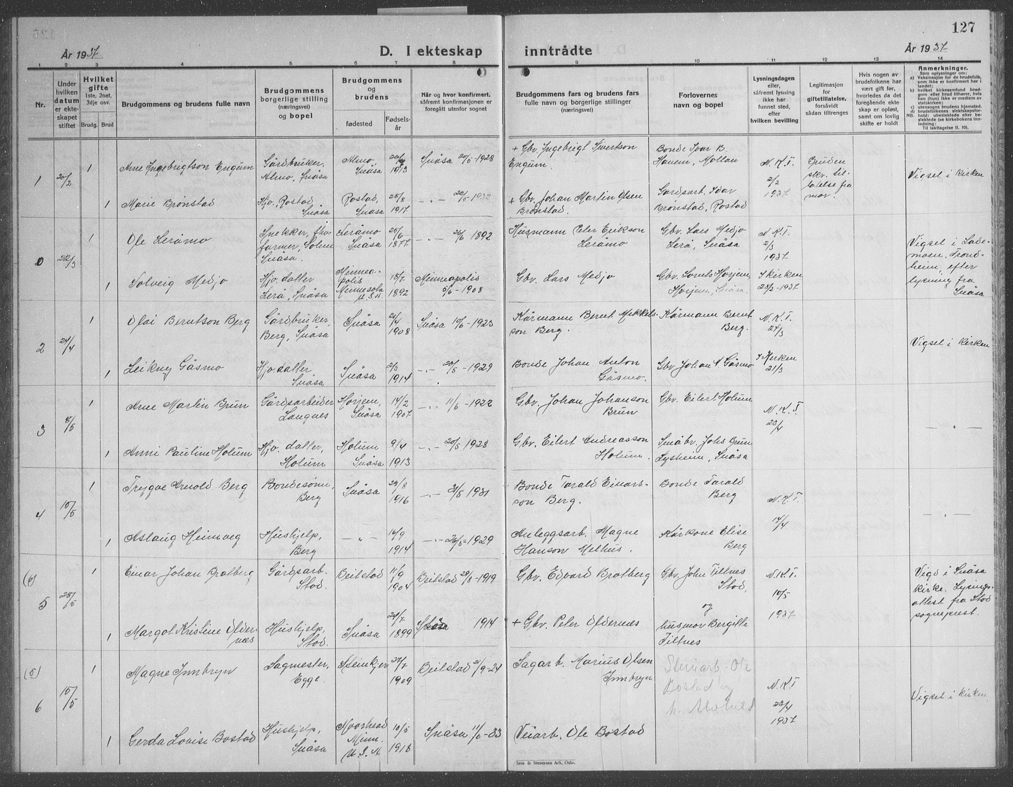 Ministerialprotokoller, klokkerbøker og fødselsregistre - Nord-Trøndelag, AV/SAT-A-1458/749/L0481: Parish register (copy) no. 749C03, 1933-1945, p. 127