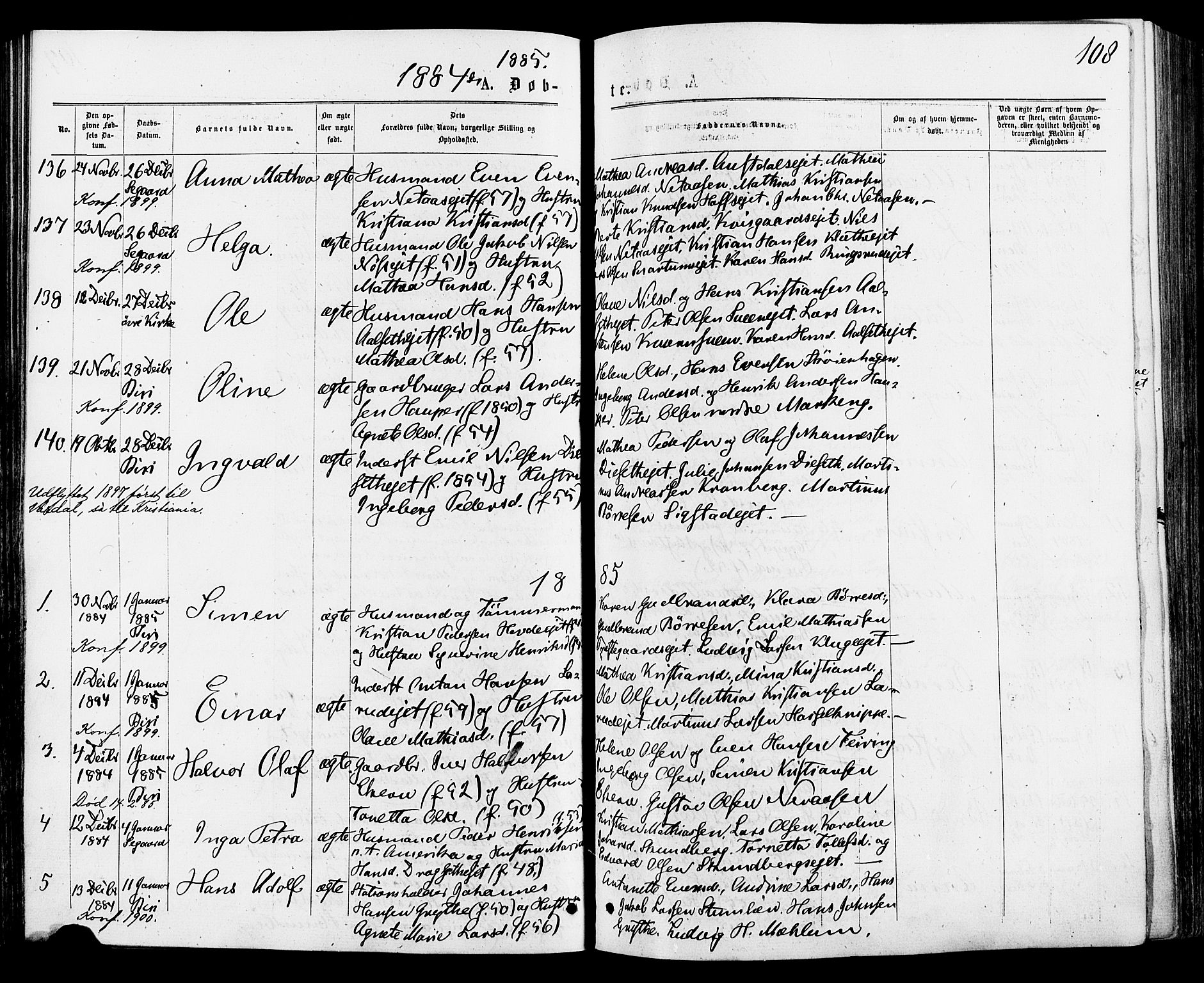 Biri prestekontor, SAH/PREST-096/H/Ha/Haa/L0006: Parish register (official) no. 6, 1877-1886, p. 108