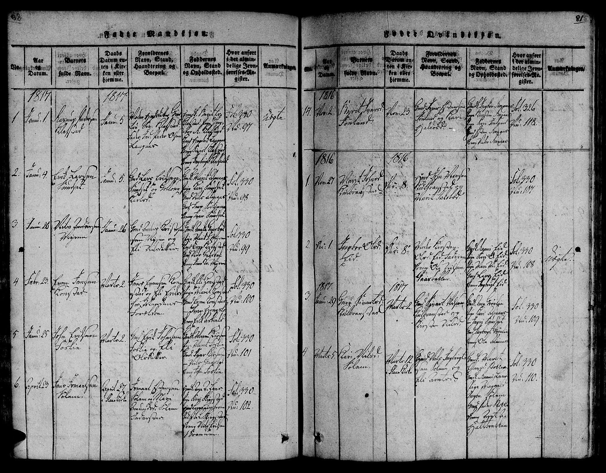 Ministerialprotokoller, klokkerbøker og fødselsregistre - Sør-Trøndelag, SAT/A-1456/691/L1068: Parish register (official) no. 691A03 /4, 1816-1826, p. 81