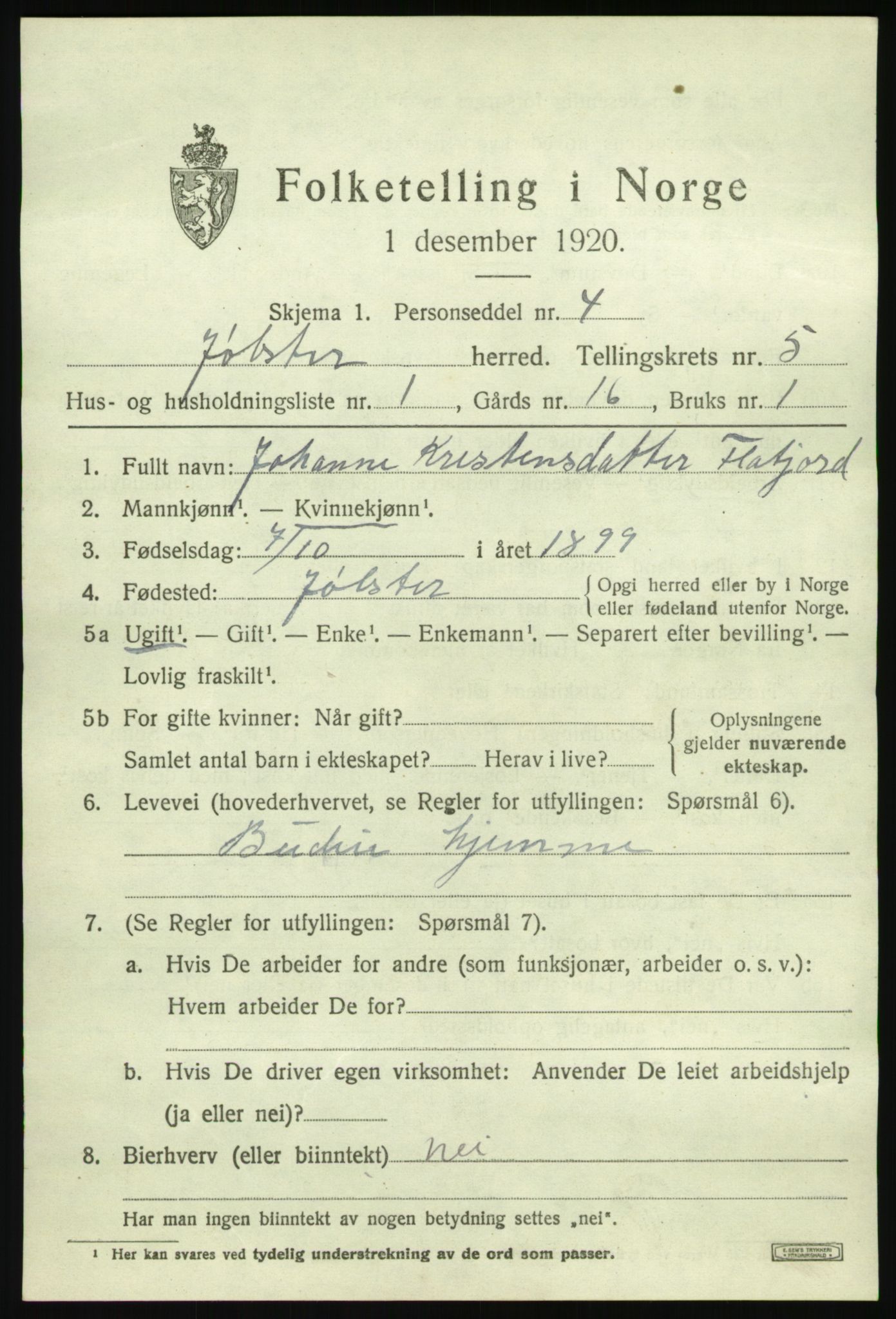 SAB, 1920 census for Jølster, 1920, p. 2932