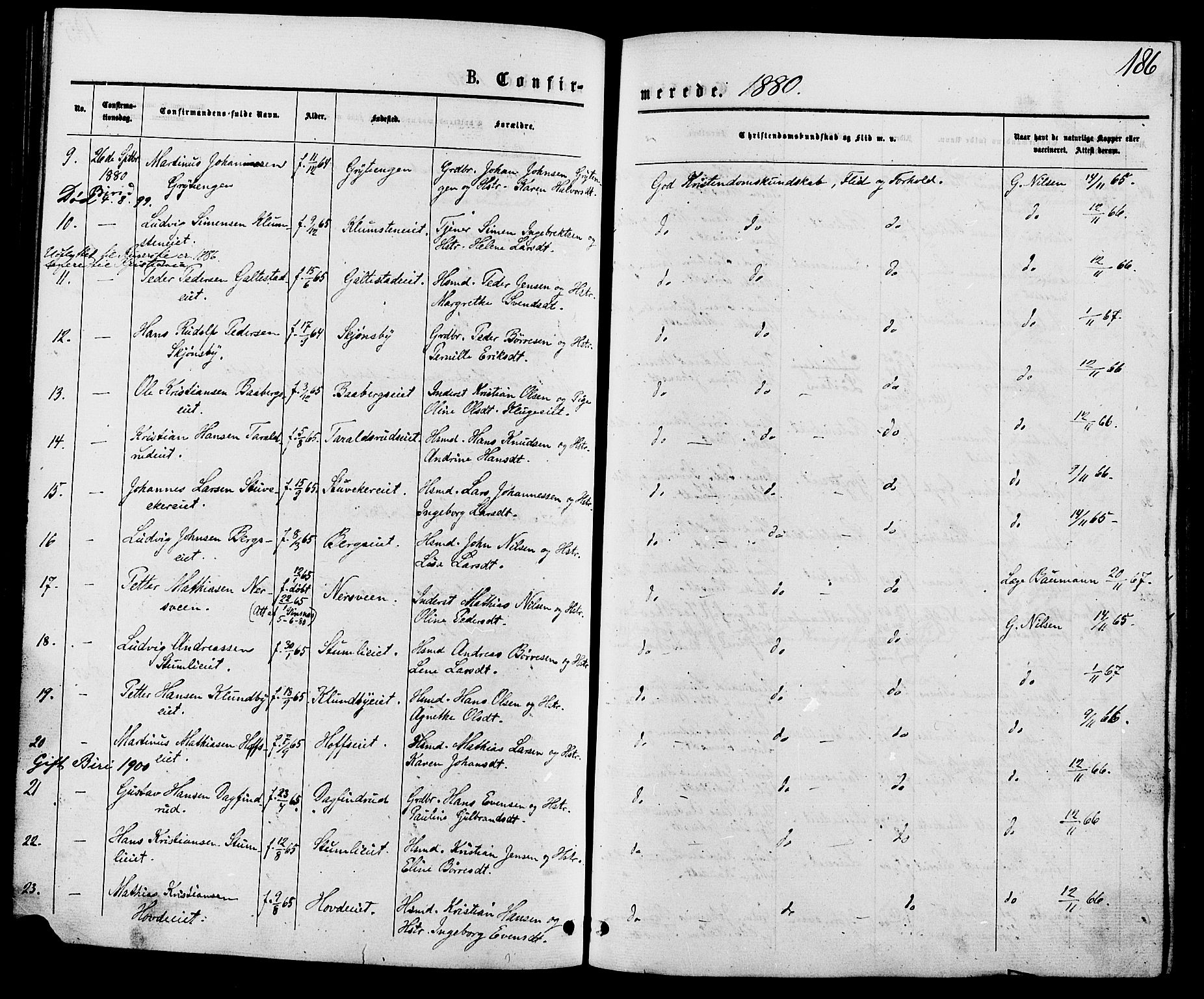 Biri prestekontor, SAH/PREST-096/H/Ha/Haa/L0006: Parish register (official) no. 6, 1877-1886, p. 186
