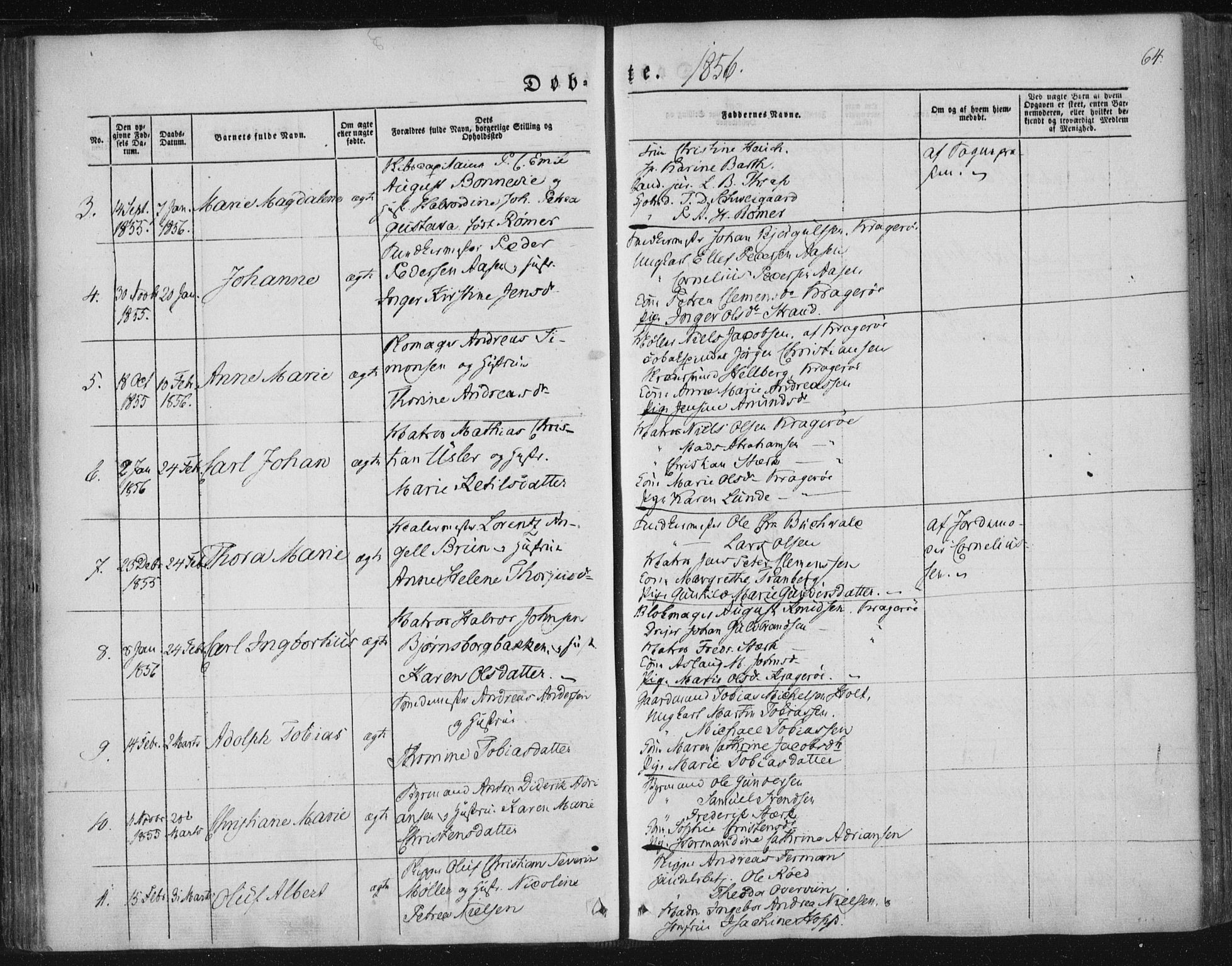 Kragerø kirkebøker, SAKO/A-278/F/Fa/L0006: Parish register (official) no. 6, 1847-1861, p. 64