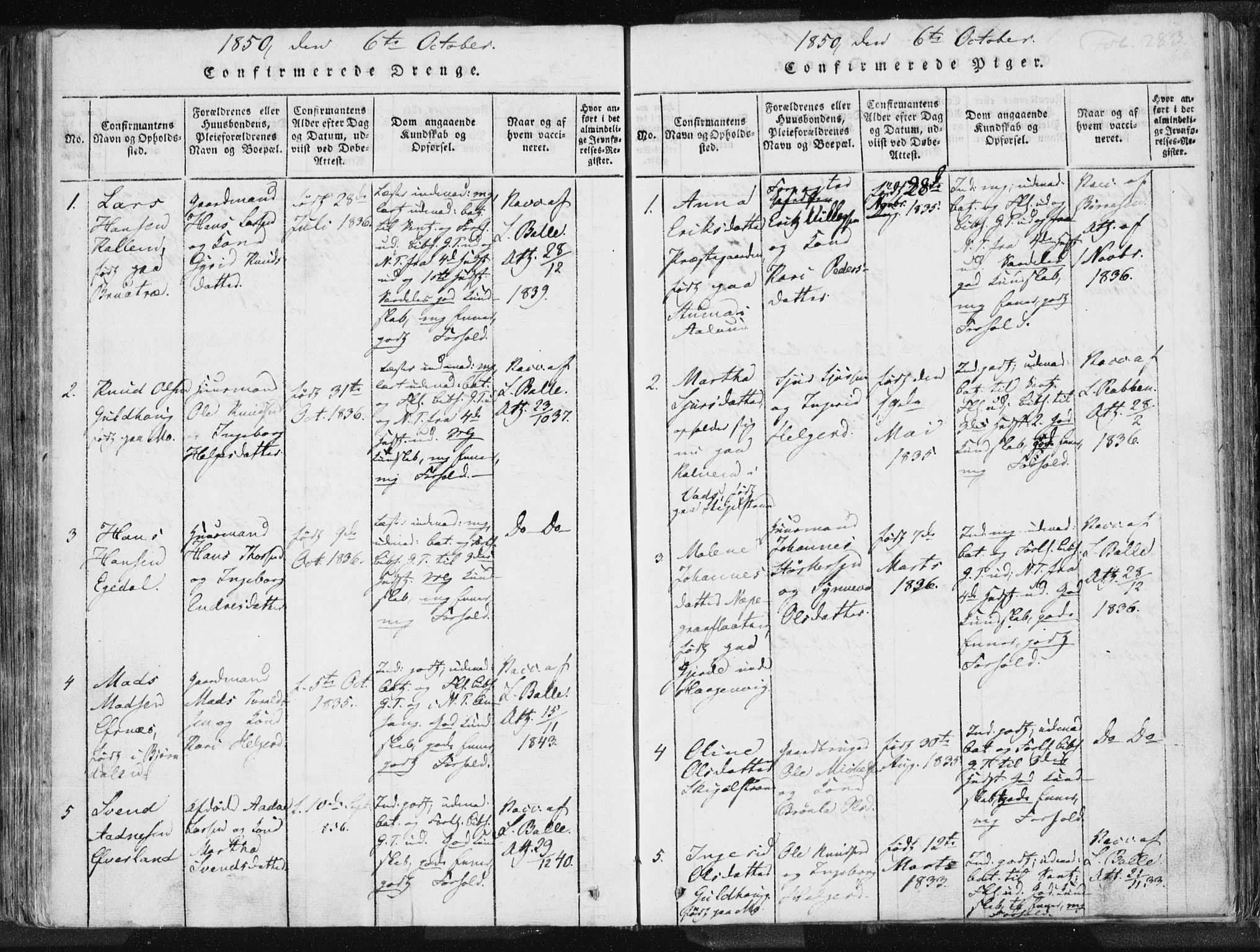 Vikedal sokneprestkontor, SAST/A-101840/01/IV: Parish register (official) no. A 3, 1817-1850, p. 283