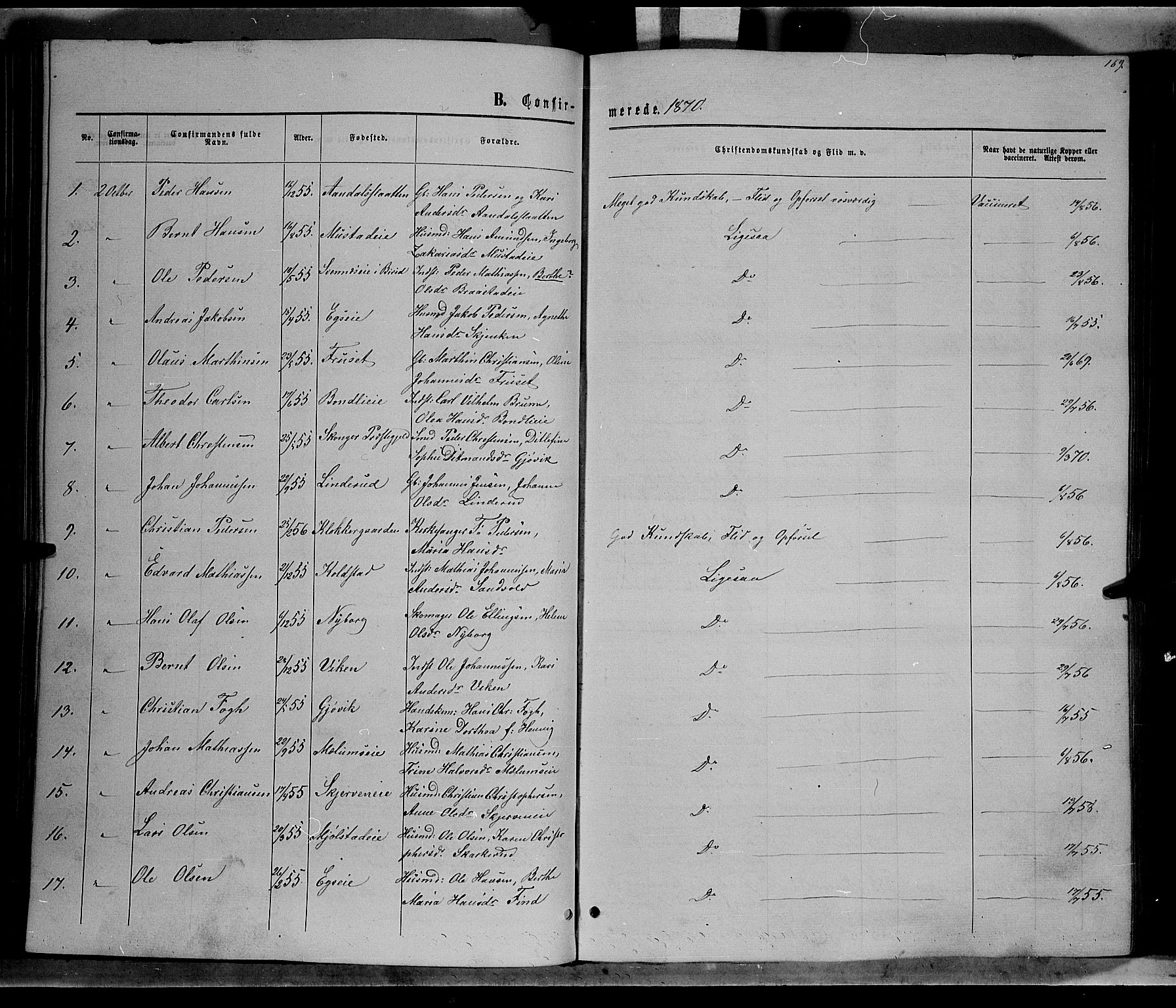 Vardal prestekontor, SAH/PREST-100/H/Ha/Hab/L0006: Parish register (copy) no. 6, 1869-1881, p. 169