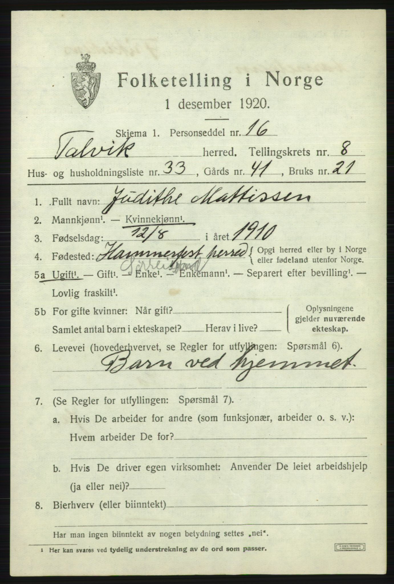SATØ, 1920 census for Talvik, 1920, p. 5364