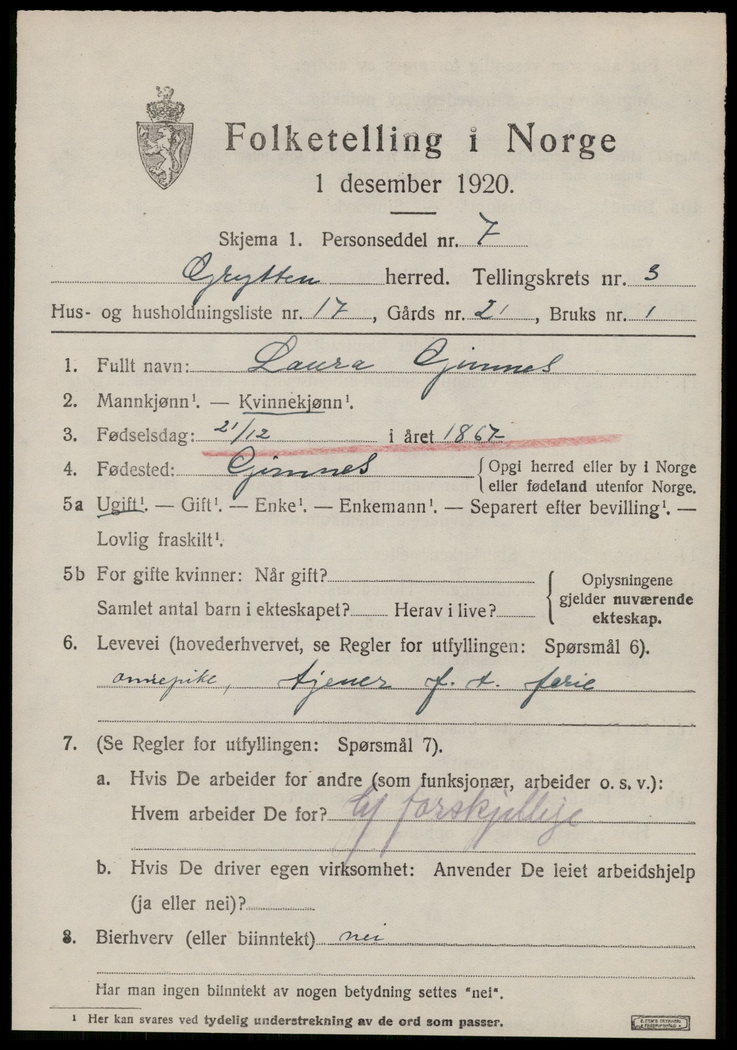 SAT, 1920 census for Grytten, 1920, p. 2390