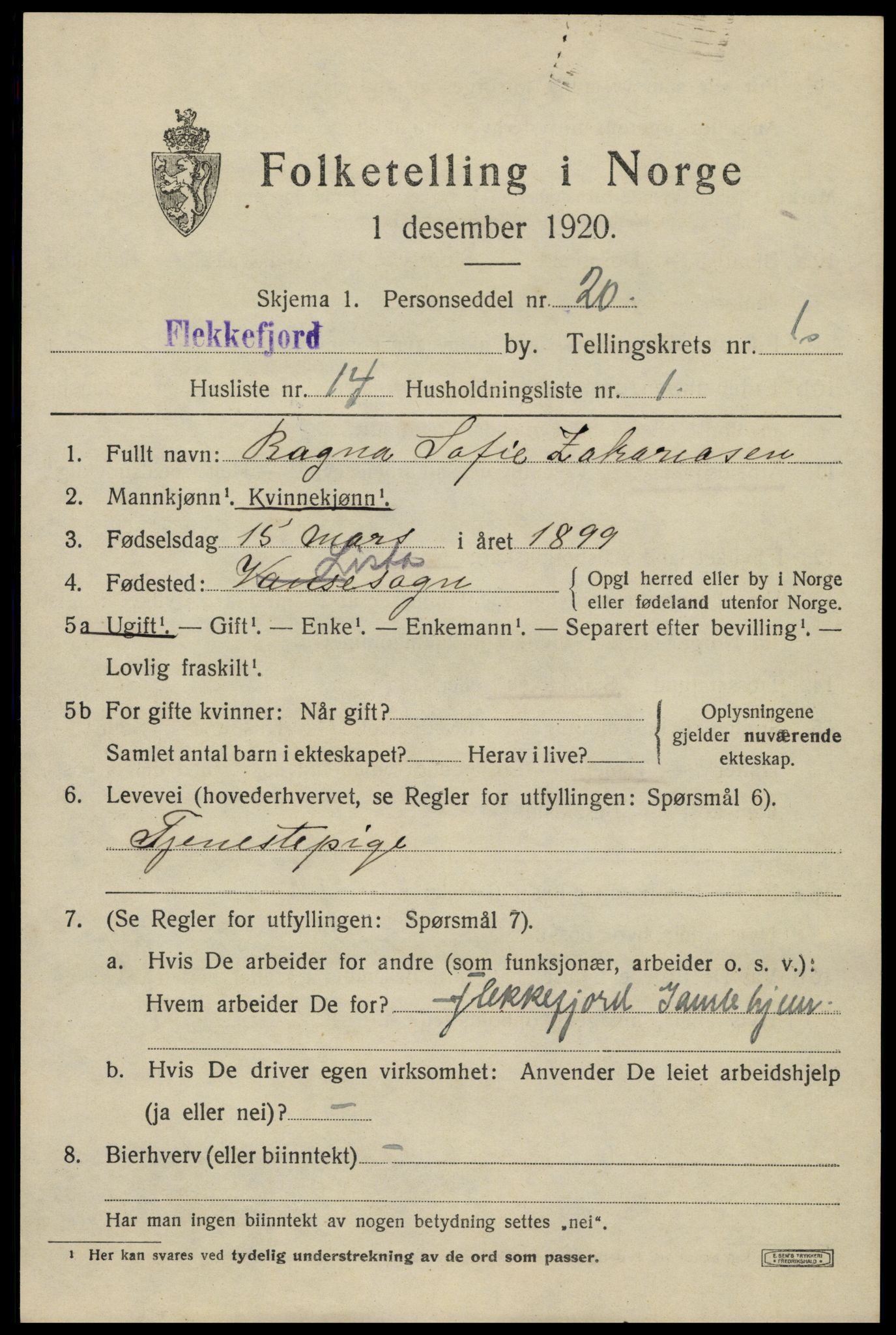 SAK, 1920 census for Flekkefjord, 1920, p. 2034