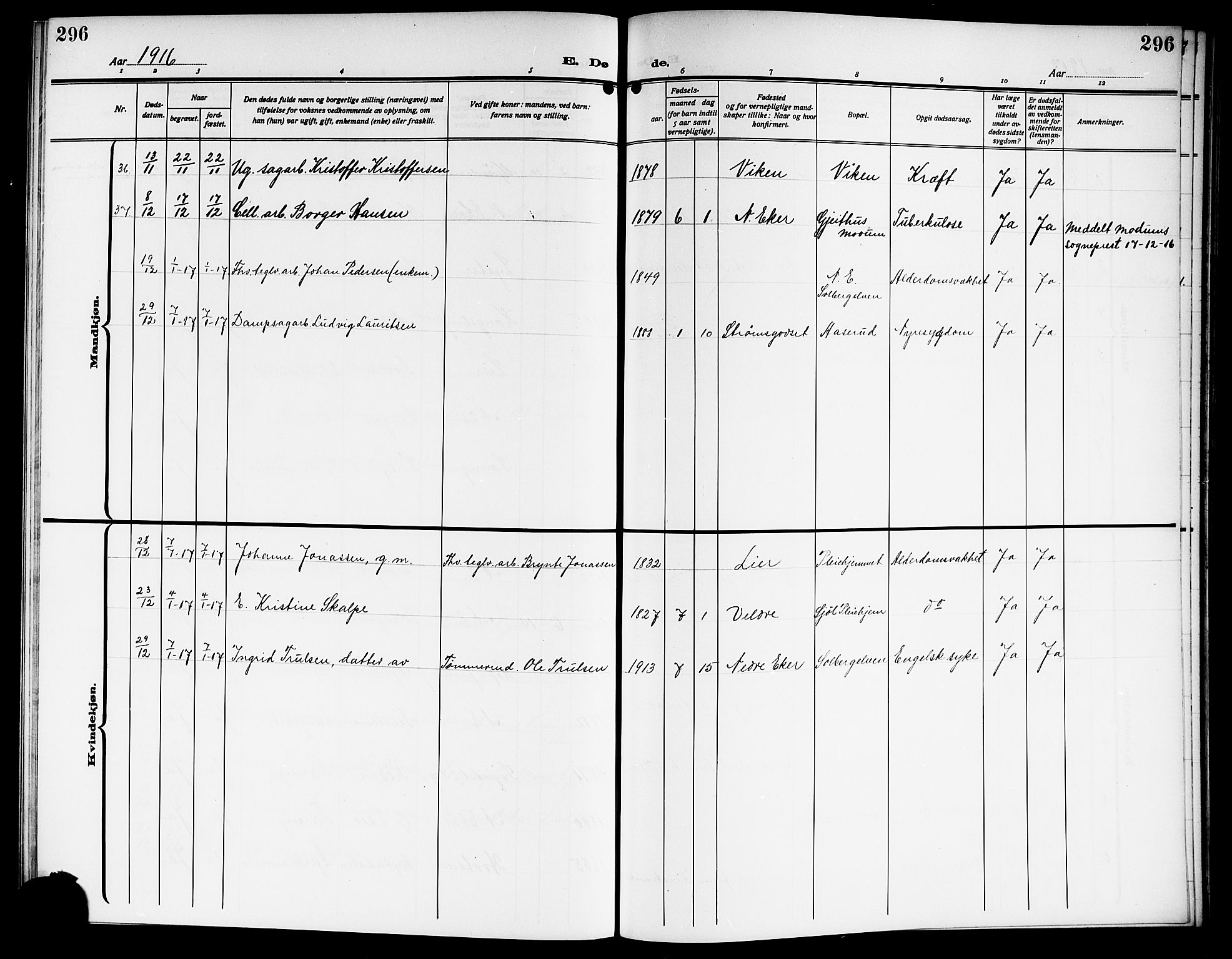 Nedre Eiker kirkebøker, AV/SAKO-A-612/G/Ga/L0005: Parish register (copy) no. 5, 1913-1921, p. 296