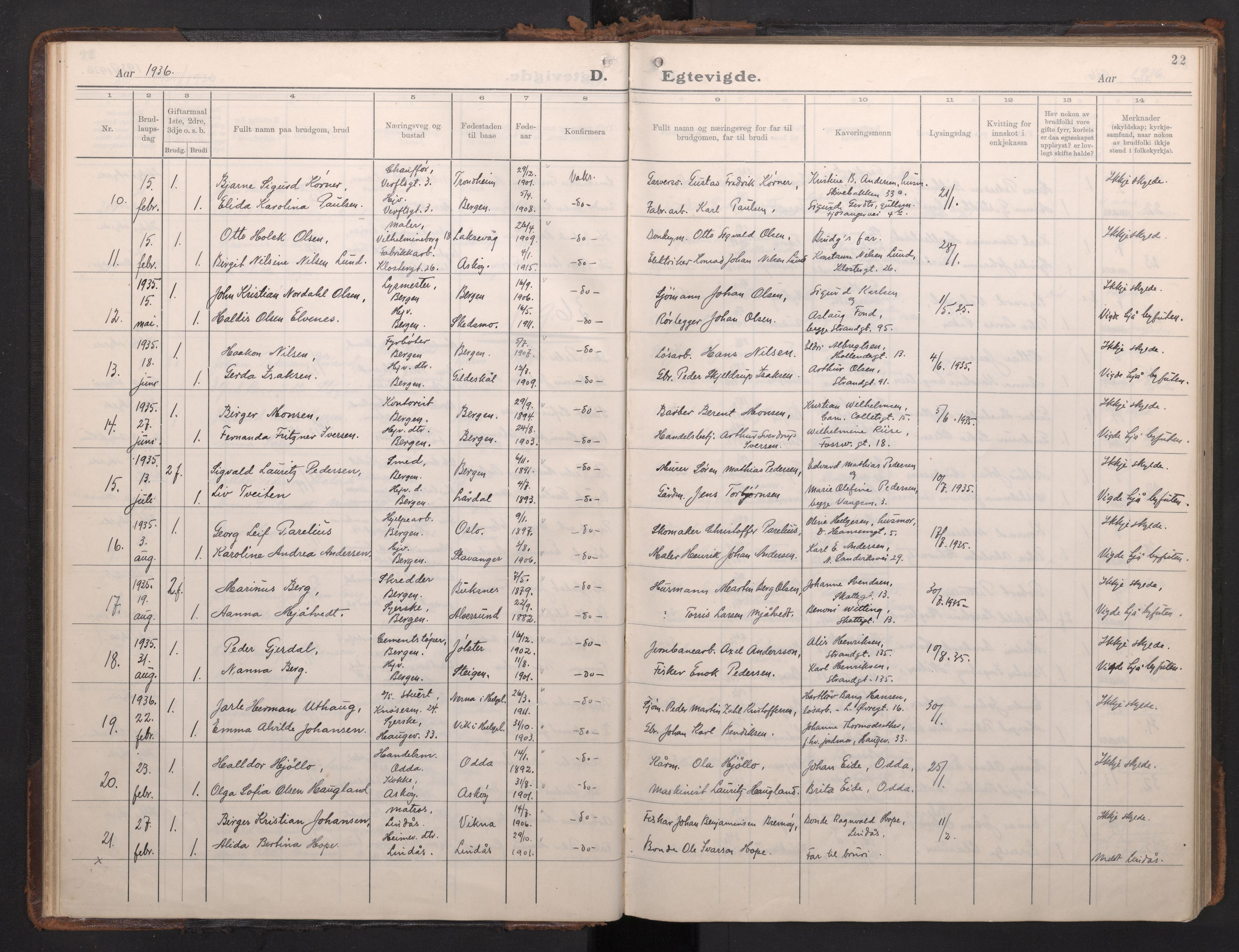Nykirken Sokneprestembete, AV/SAB-A-77101/H/Haa/L0039: Parish register (official) no. D 9, 1935-1946, p. 21b-22a
