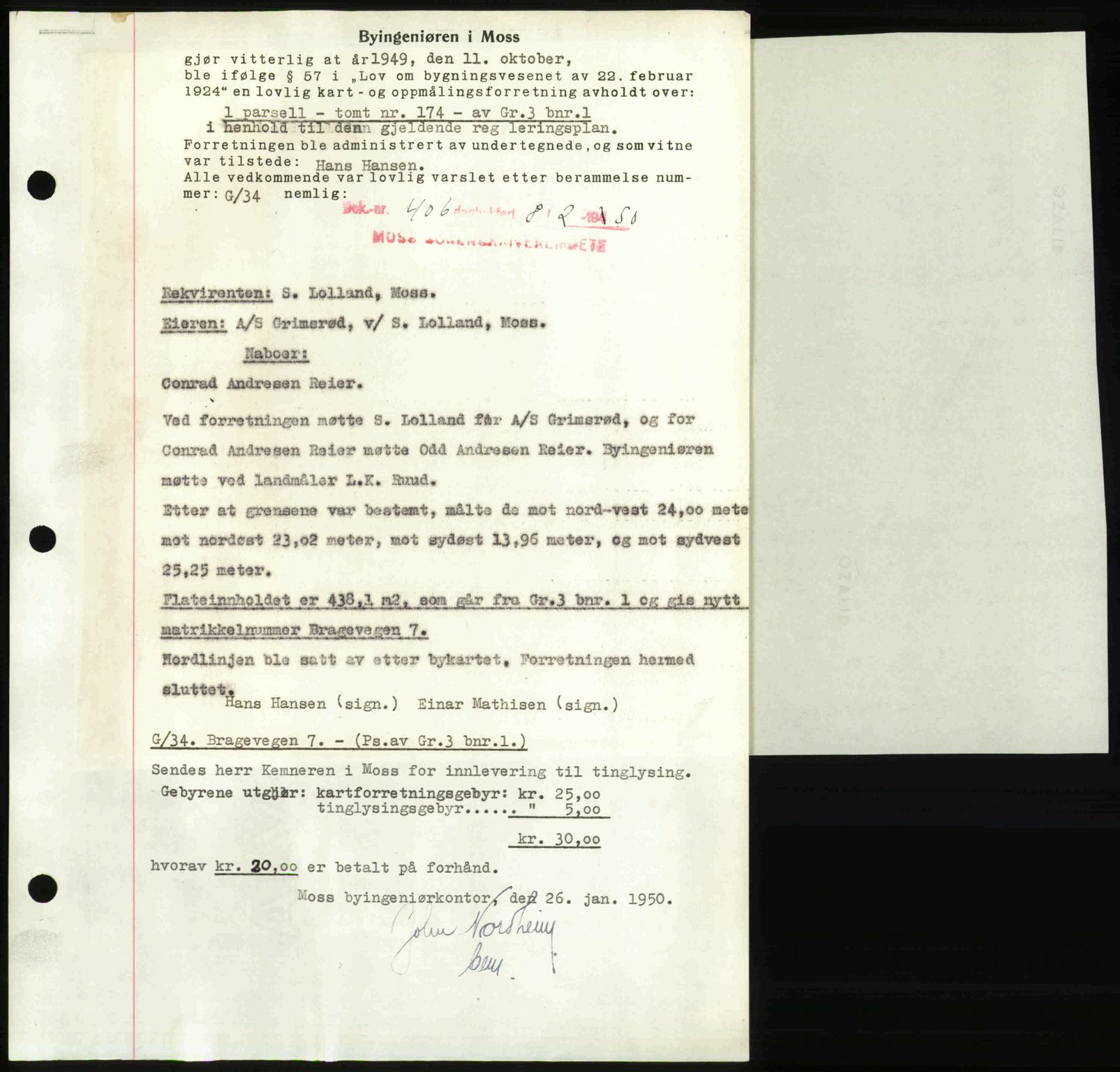 Moss sorenskriveri, SAO/A-10168: Mortgage book no. A25, 1950-1950, Diary no: : 406/1950