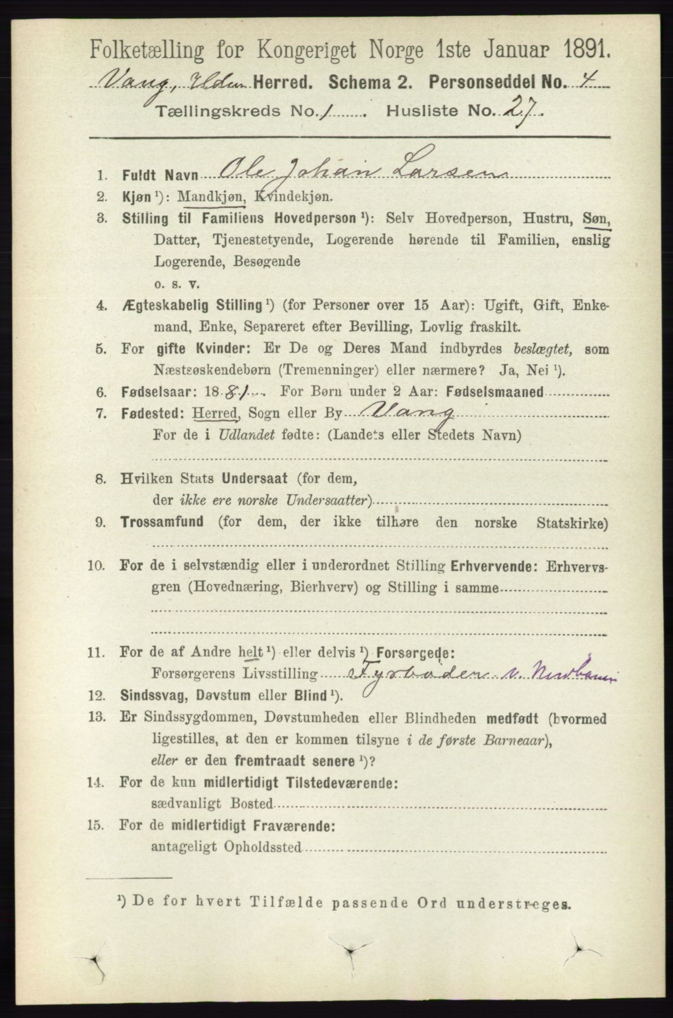 RA, 1891 census for 0414 Vang, 1891, p. 340