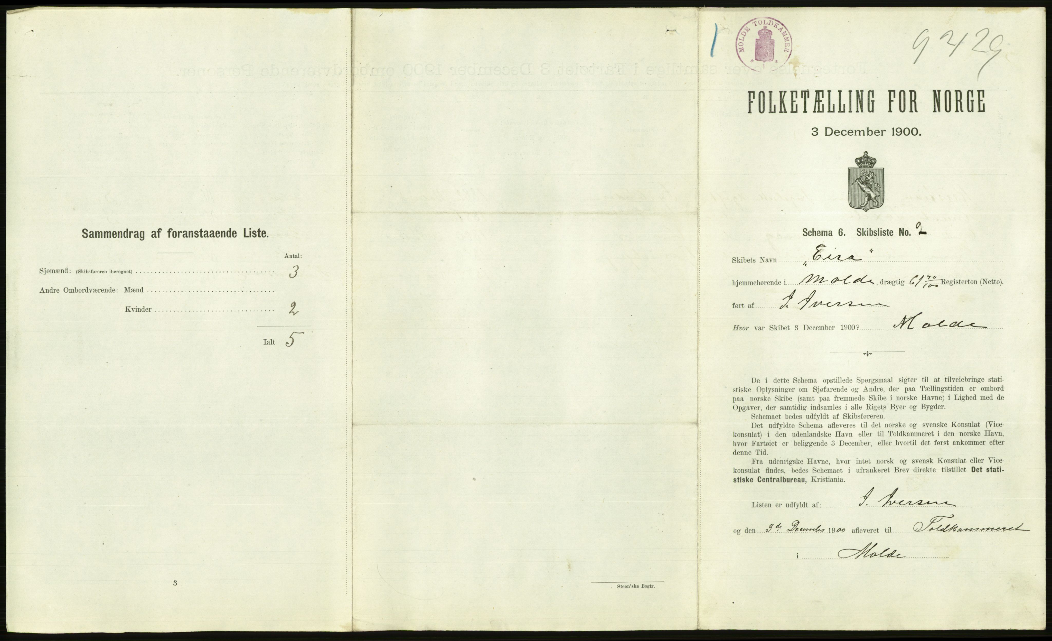 RA, 1900 Census - ship lists from ships in Norwegian harbours, harbours abroad and at sea, 1900, p. 2109