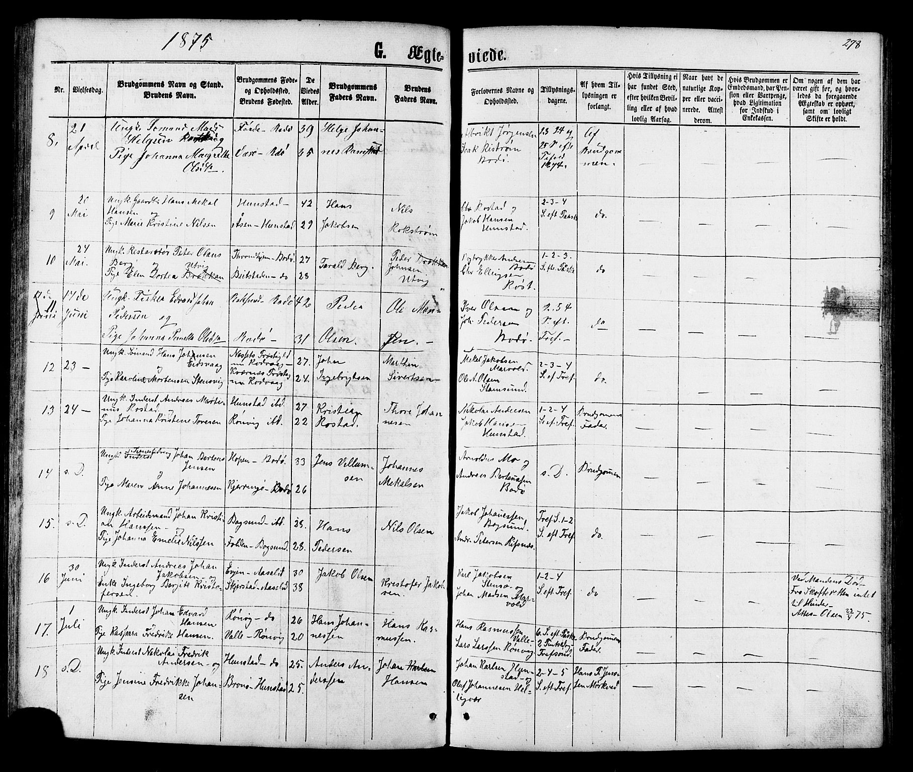 Ministerialprotokoller, klokkerbøker og fødselsregistre - Nordland, SAT/A-1459/801/L0029: Parish register (copy) no. 801C04, 1868-1878, p. 278
