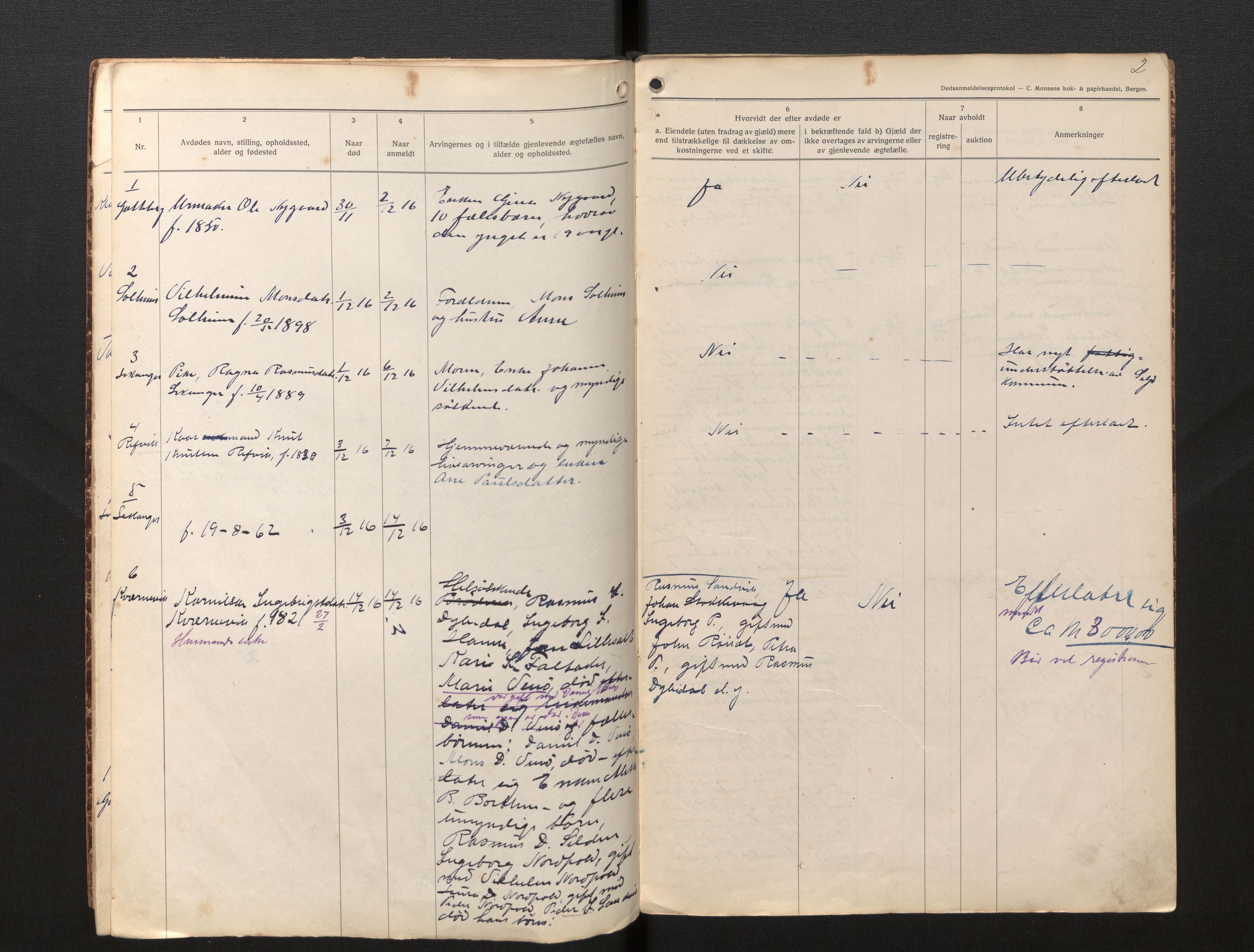 Lensmannen i Selje, AV/SAB-A-29701/0006/L0007: Dødsfallprotokoll, 1916-1920, p. 2