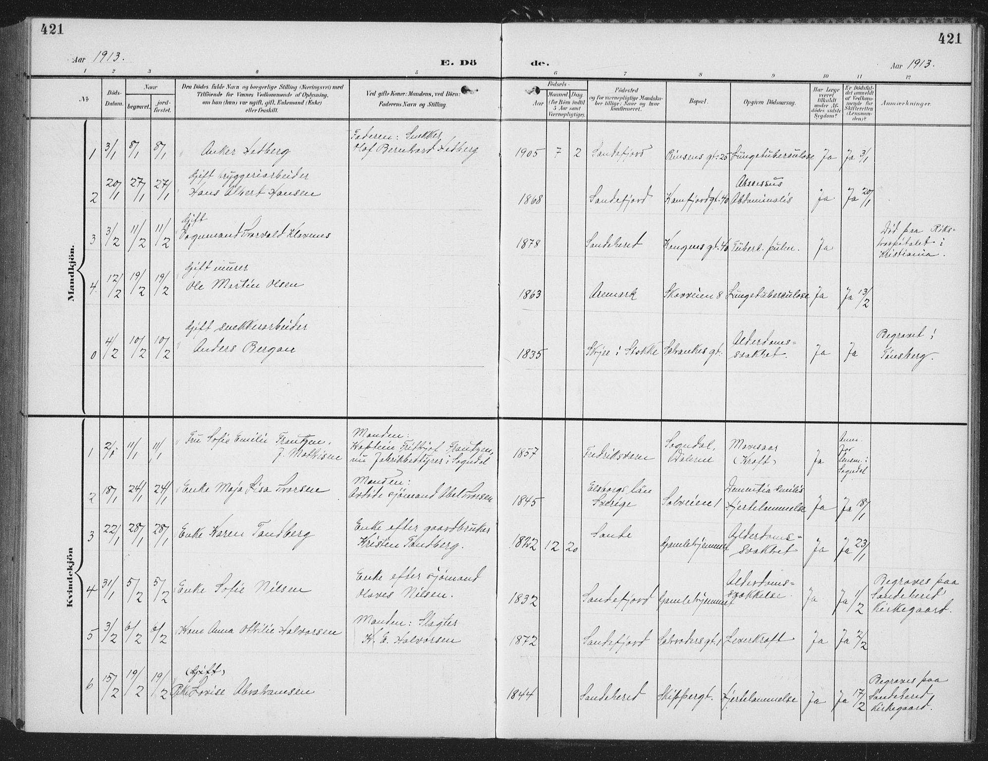 Sandefjord kirkebøker, AV/SAKO-A-315/G/Ga/L0003: Parish register (copy) no. 3, 1903-1920, p. 421