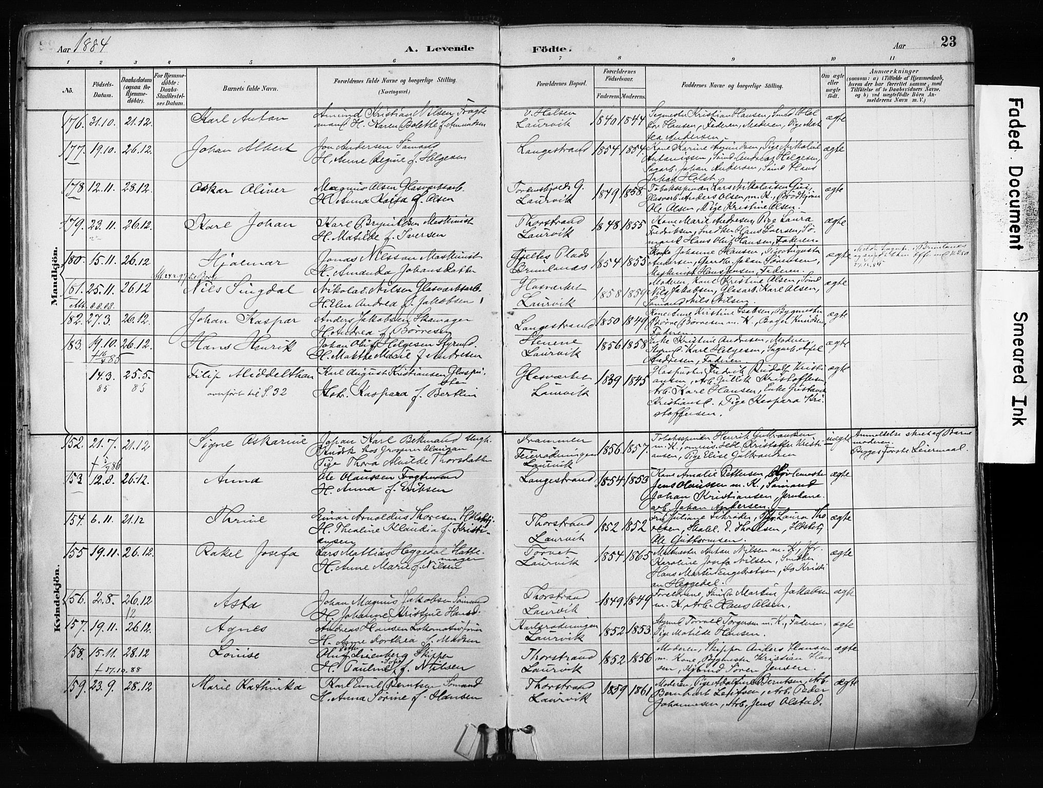 Larvik kirkebøker, AV/SAKO-A-352/F/Fa/L0009: Parish register (official) no. I 9, 1884-1904, p. 23