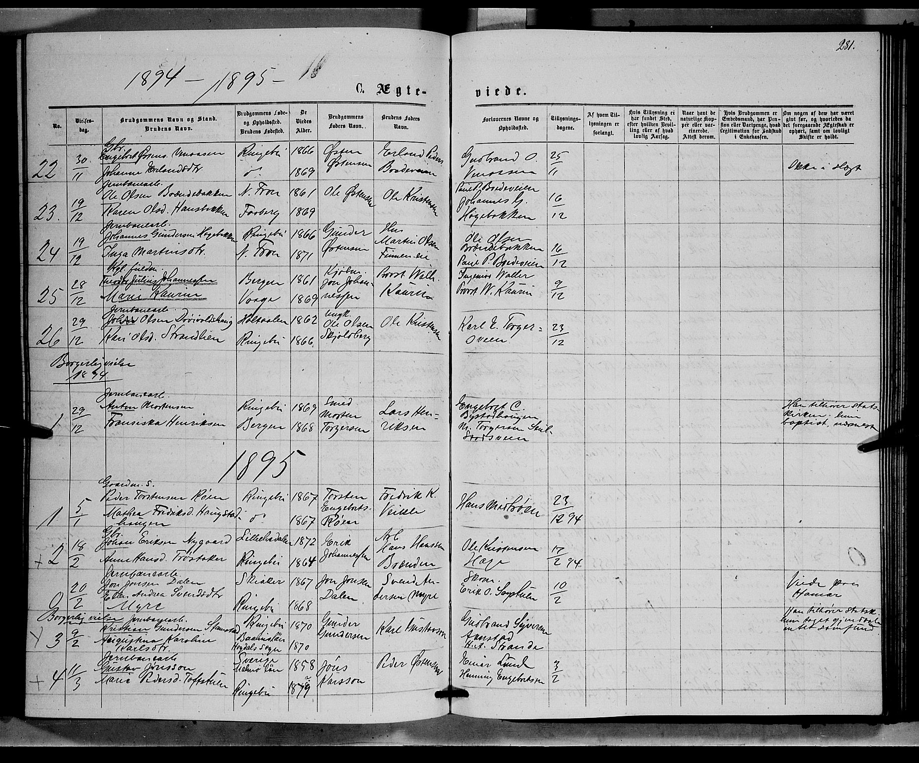 Ringebu prestekontor, SAH/PREST-082/H/Ha/Hab/L0006: Parish register (copy) no. 6, 1880-1898, p. 281